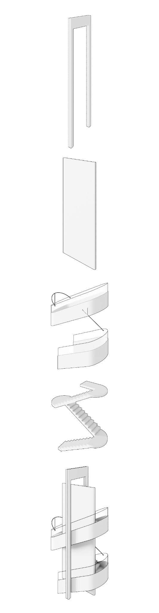 Exploded Diagram of Modern Staircase Design Exploded staircase axonometric diagram showing individual components of design.