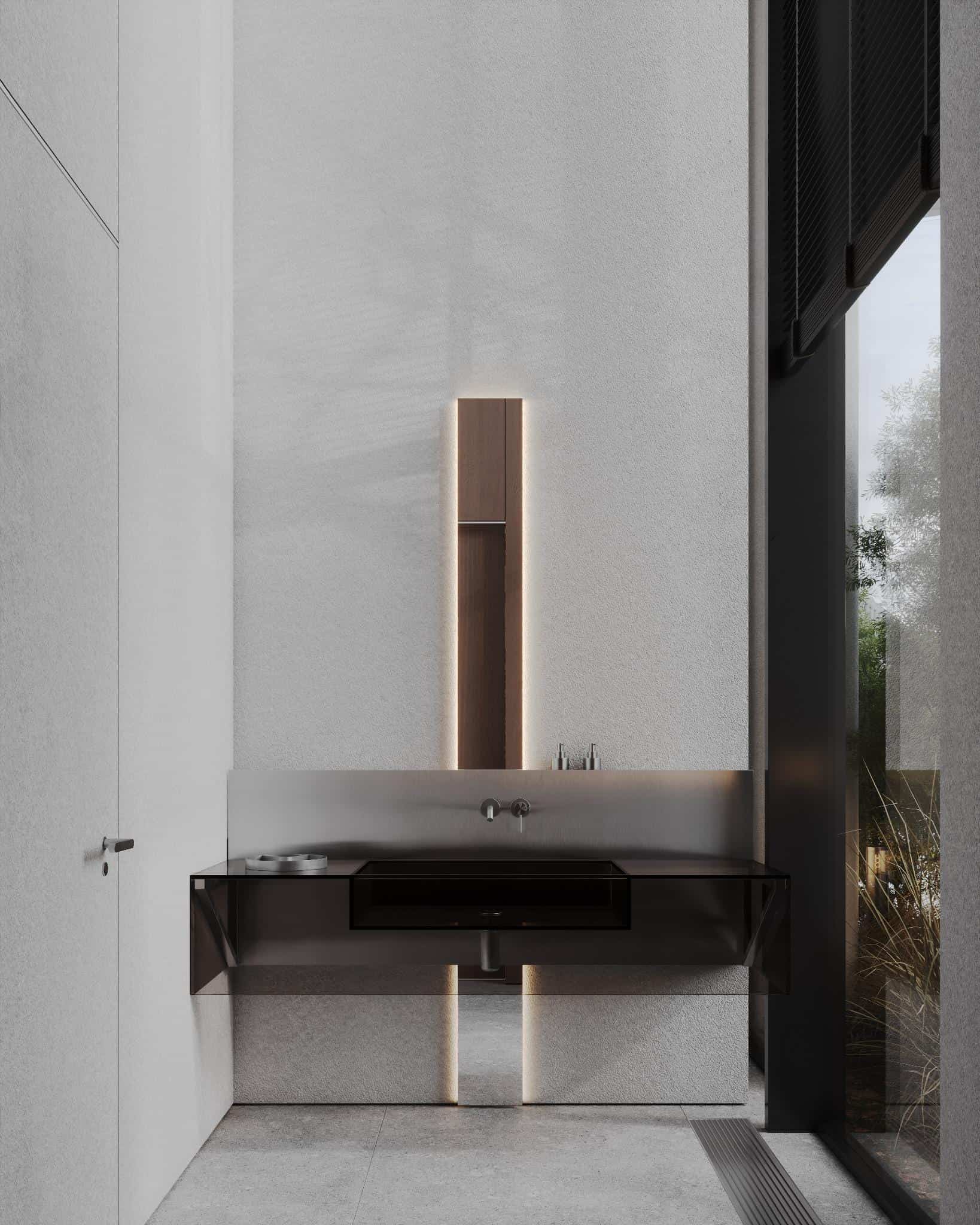 Floating Steel Vanity with Backlit Mirror Minimalist bathroom with a floating steel vanity and vertical backlit mirror.