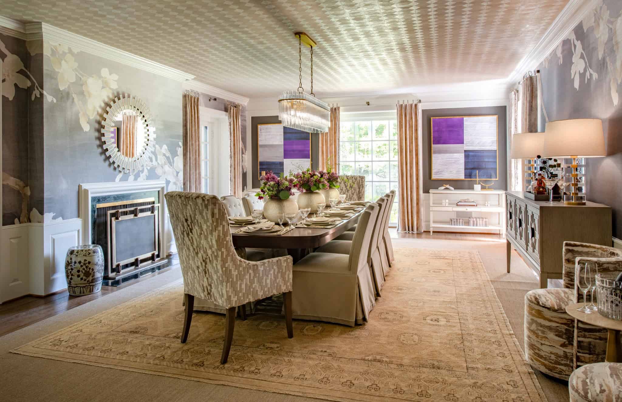 Formal Dining Room Floral Wallpaper Nolasco Studios Elegant formal dining room with neutral tones, floral wall panels, and crystal chandelier.