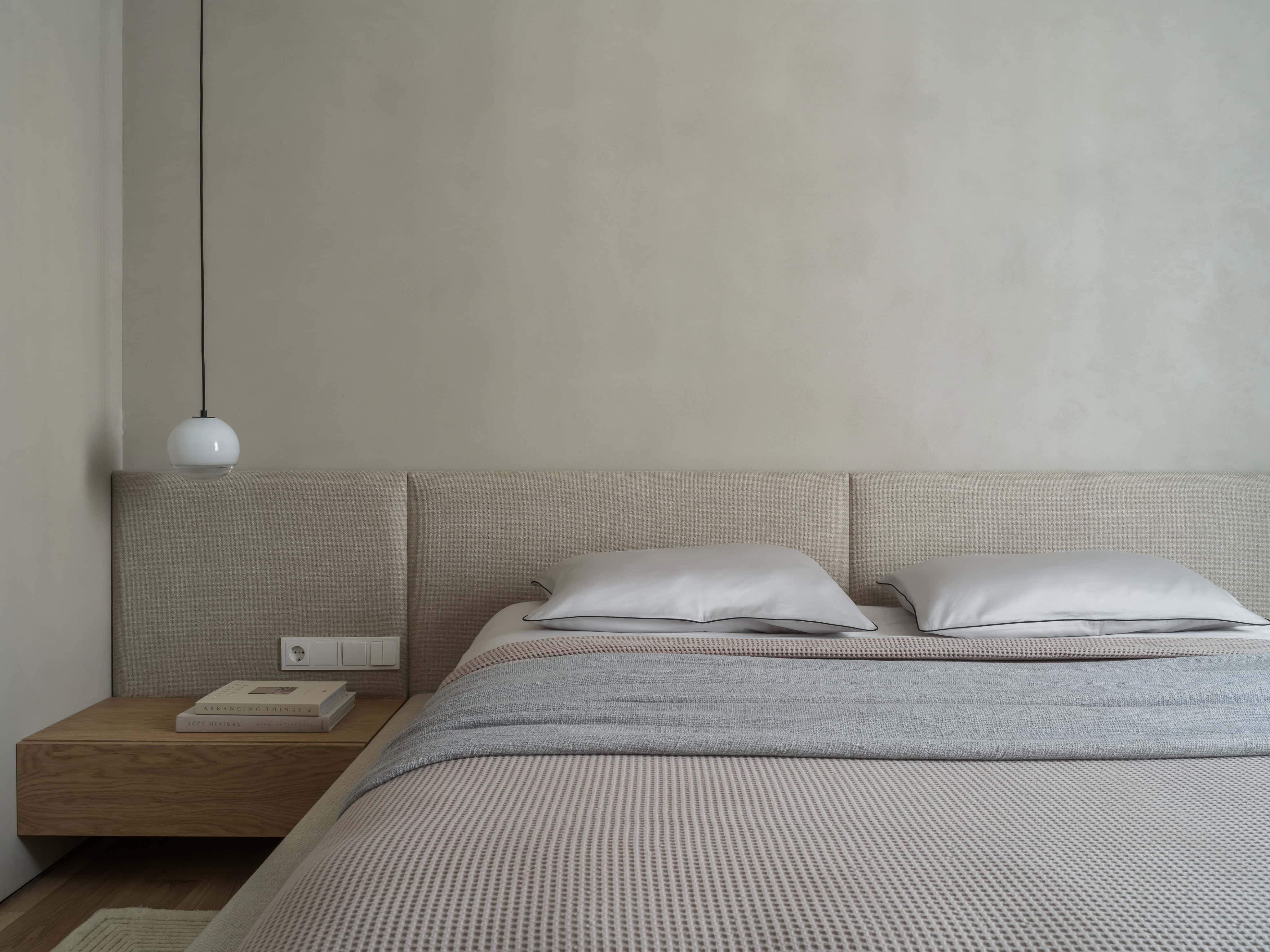 Full View Modern Bed and Pendant Symmetrical modern bed layout with a floating nightstand and pendant lighting.