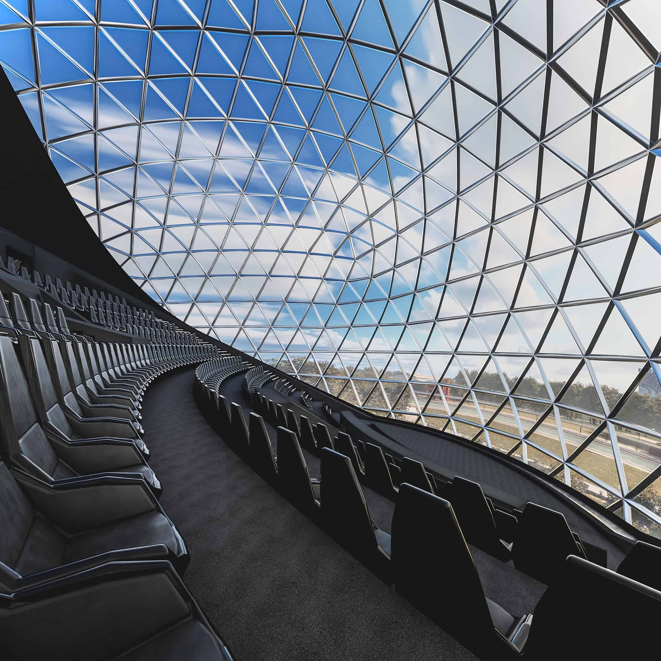 Geode Interior Glass Dome Seating Interior view of La Géode featuring a domed glass structure with arranged seating.