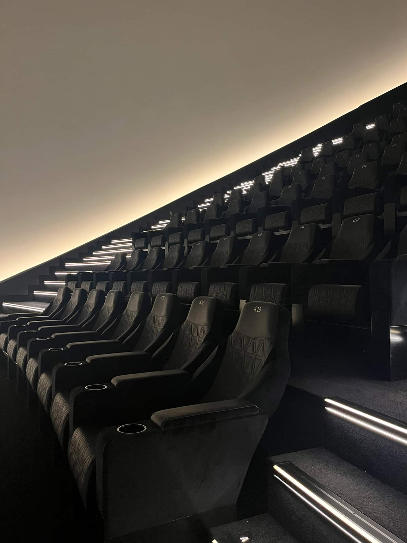 Geode Seating Light Detail Close-up of tiered seating with integrated lighting inside La Géode.