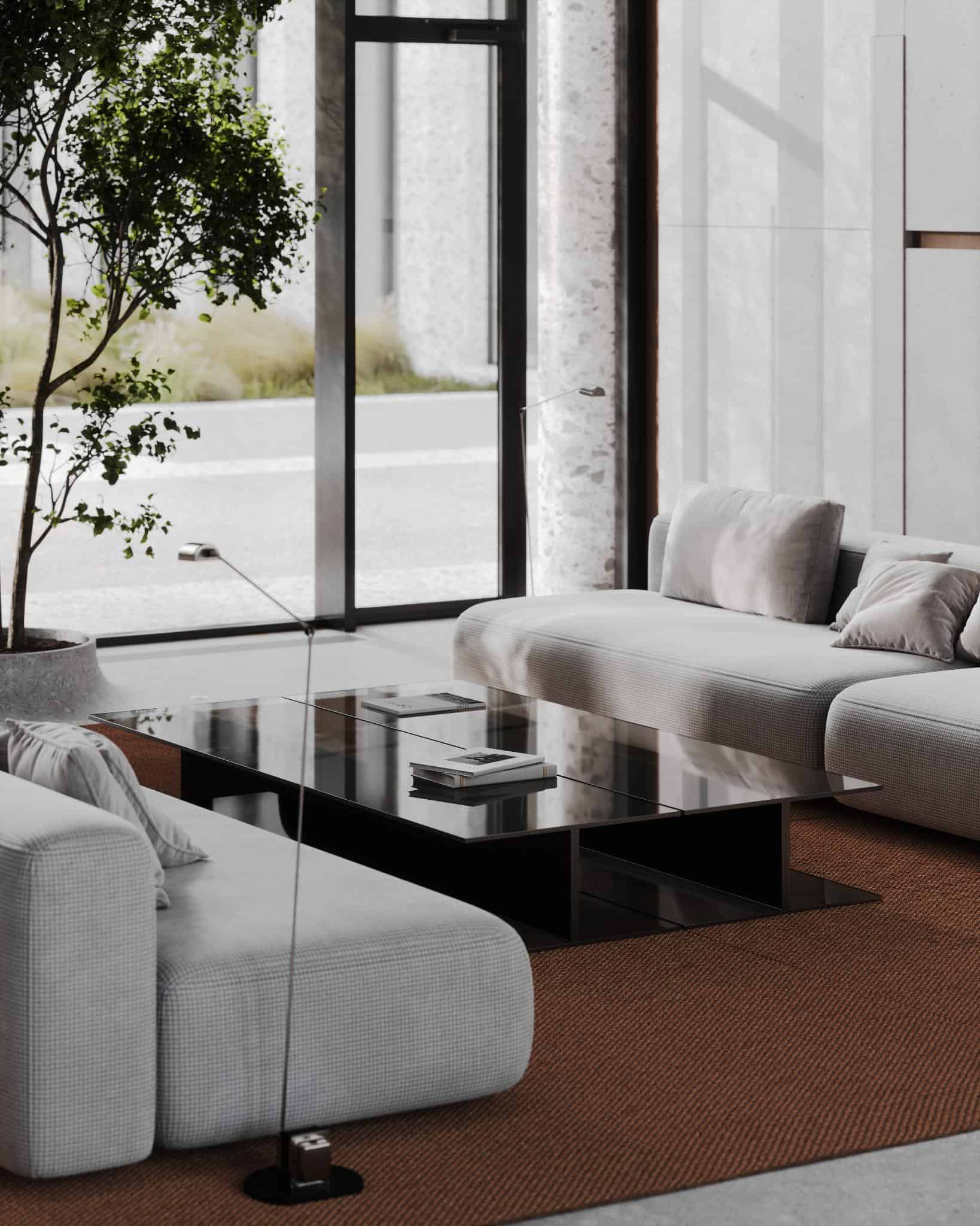 Glass Table and Lounge Sofas in Bright Lobby Bright lobby interior with glass coffee table and plush lounge sofas surrounded by full-height windows.