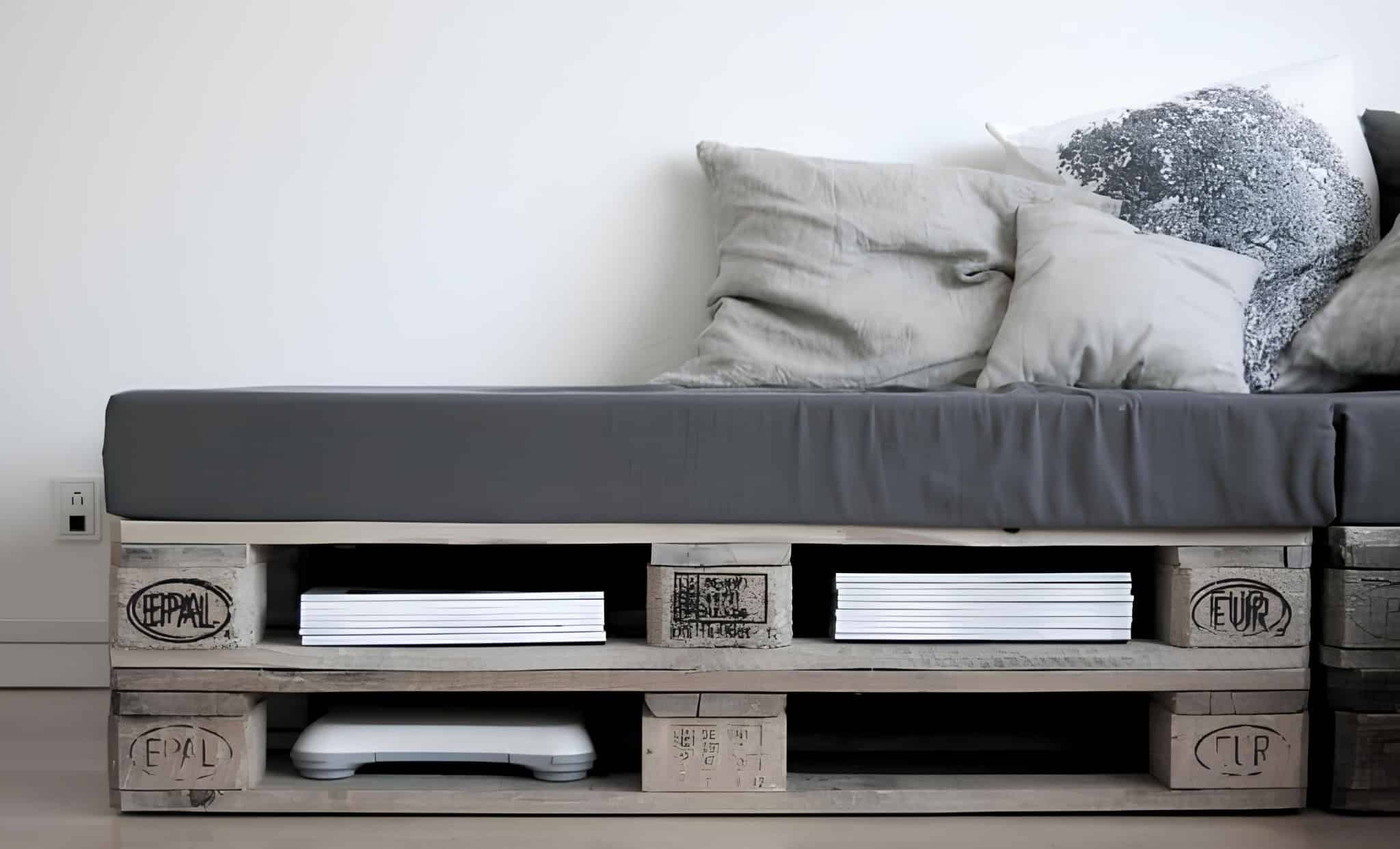 Minimalist gray pallet daybed with under-bed storage and cozy pillows.