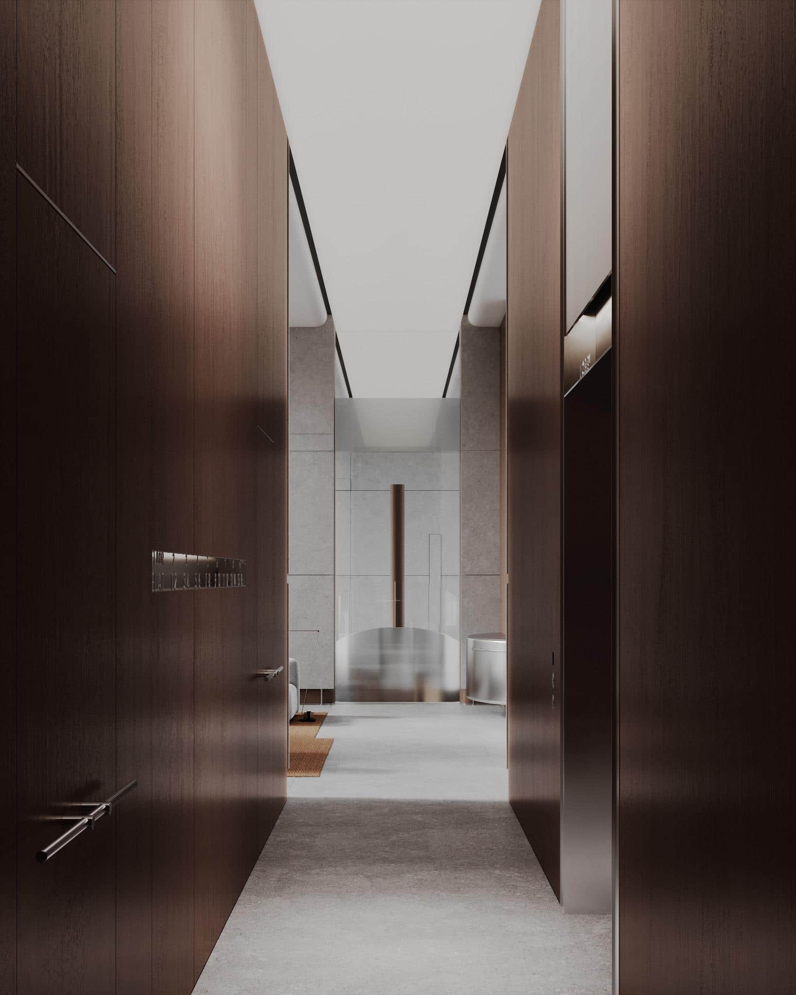 Hallway Perspective from Elevator to Lobby Hallway view from elevator toward the open-plan lobby, flanked by wood walls.