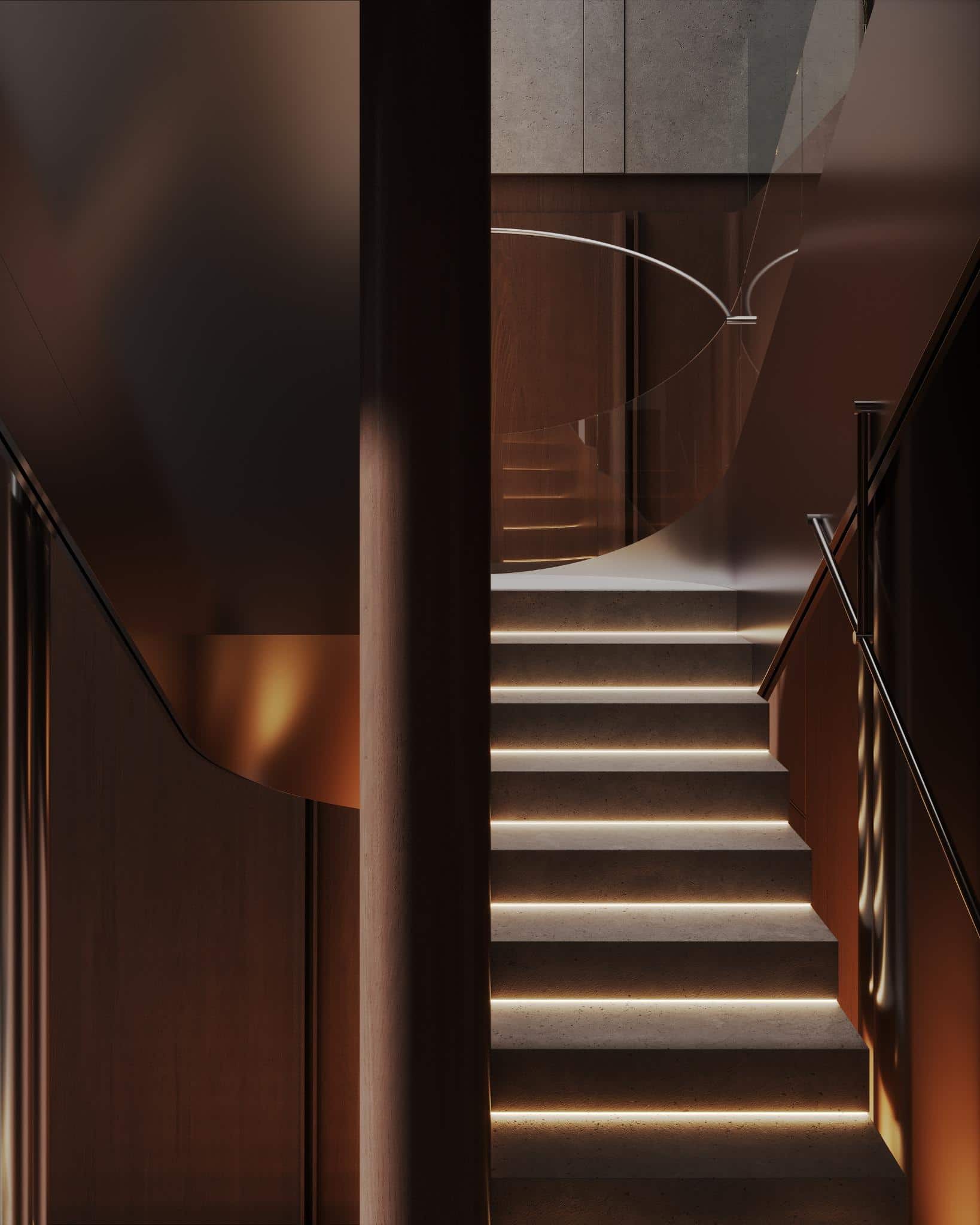 Illuminated Staircase from Below in Wood Interior Upward view of illuminated stairs in a wood and concrete modern interior.