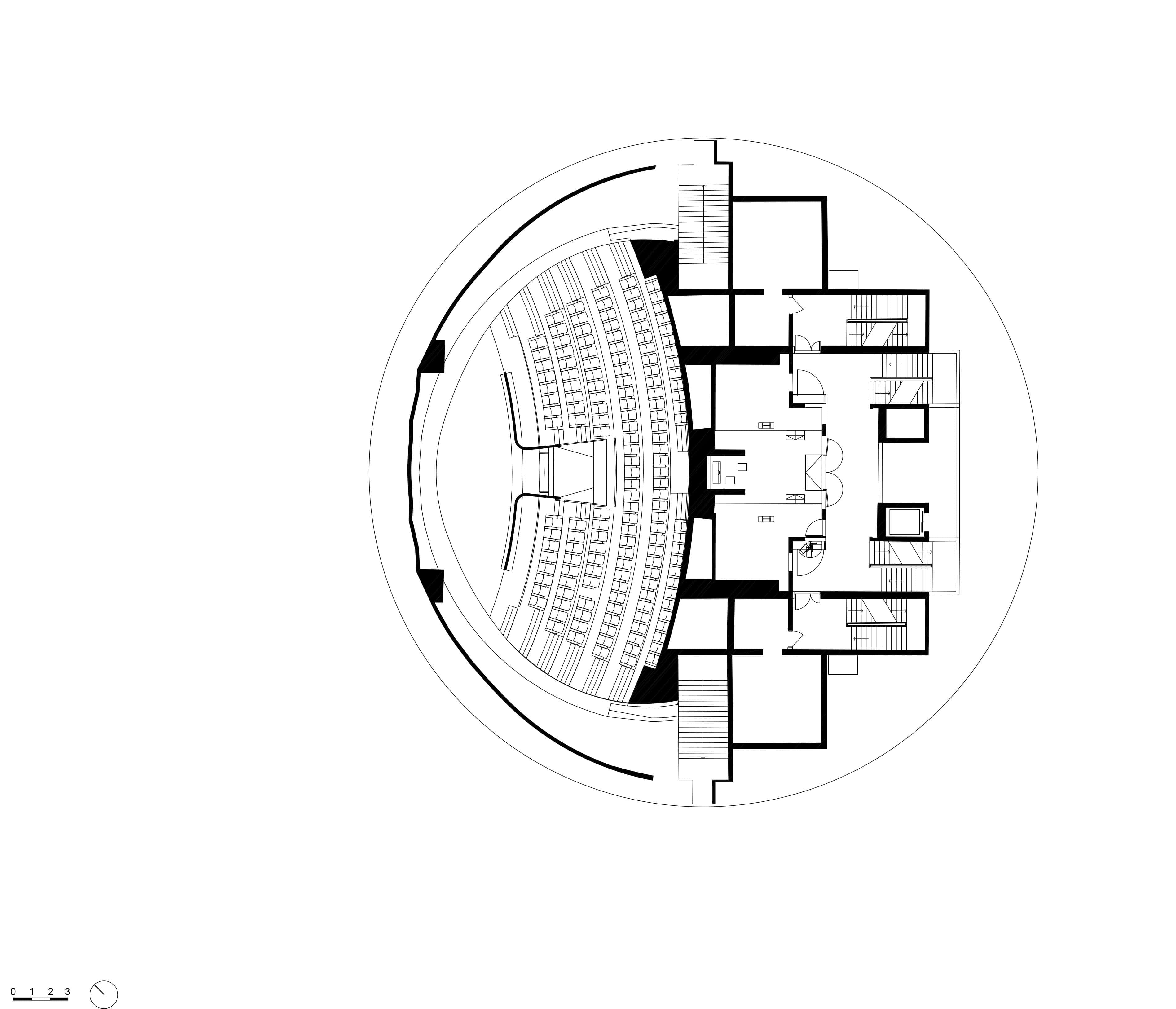 La Geode Dome Cutaway 3D Section 3D cutaway section of La Géode showing stairs and seating arrangement within the dome.