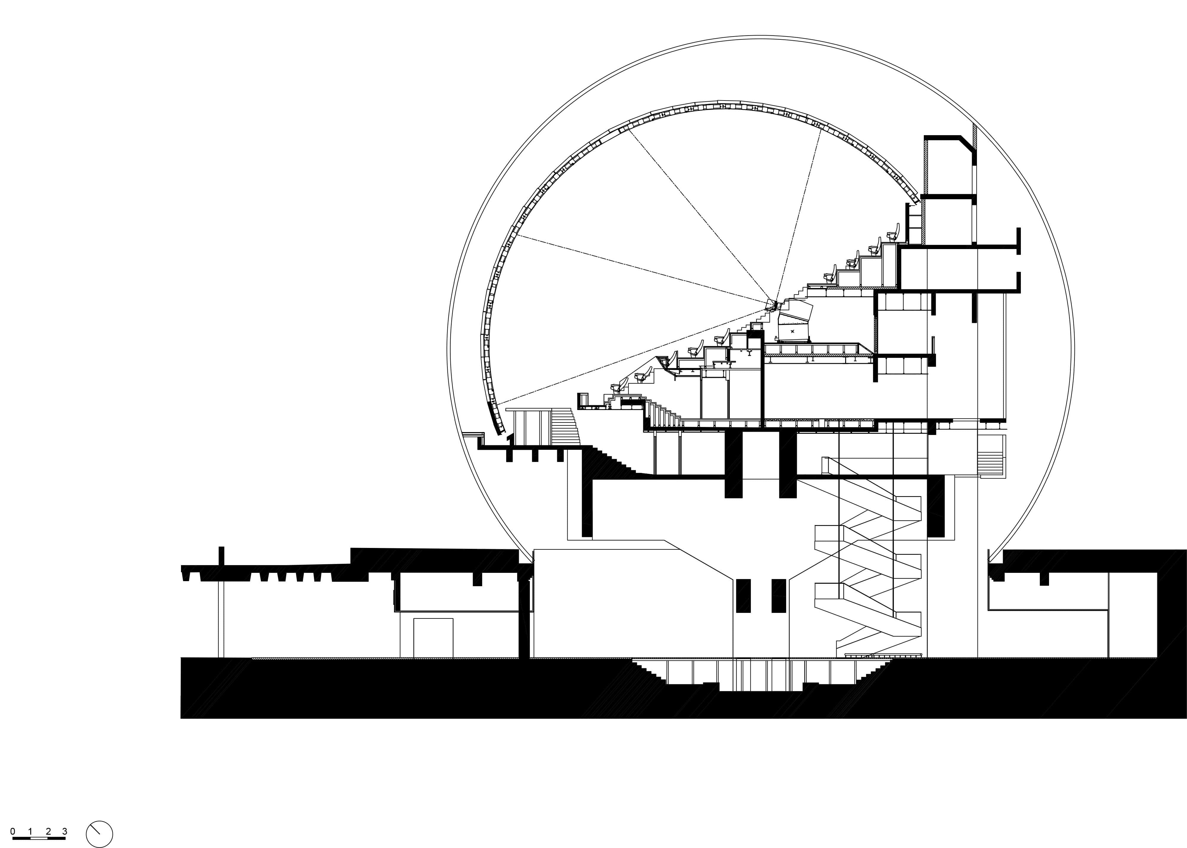 La Geode Longitudinal Section Detailed longitudinal section of La Géode, revealing dome interior and circulation flow.