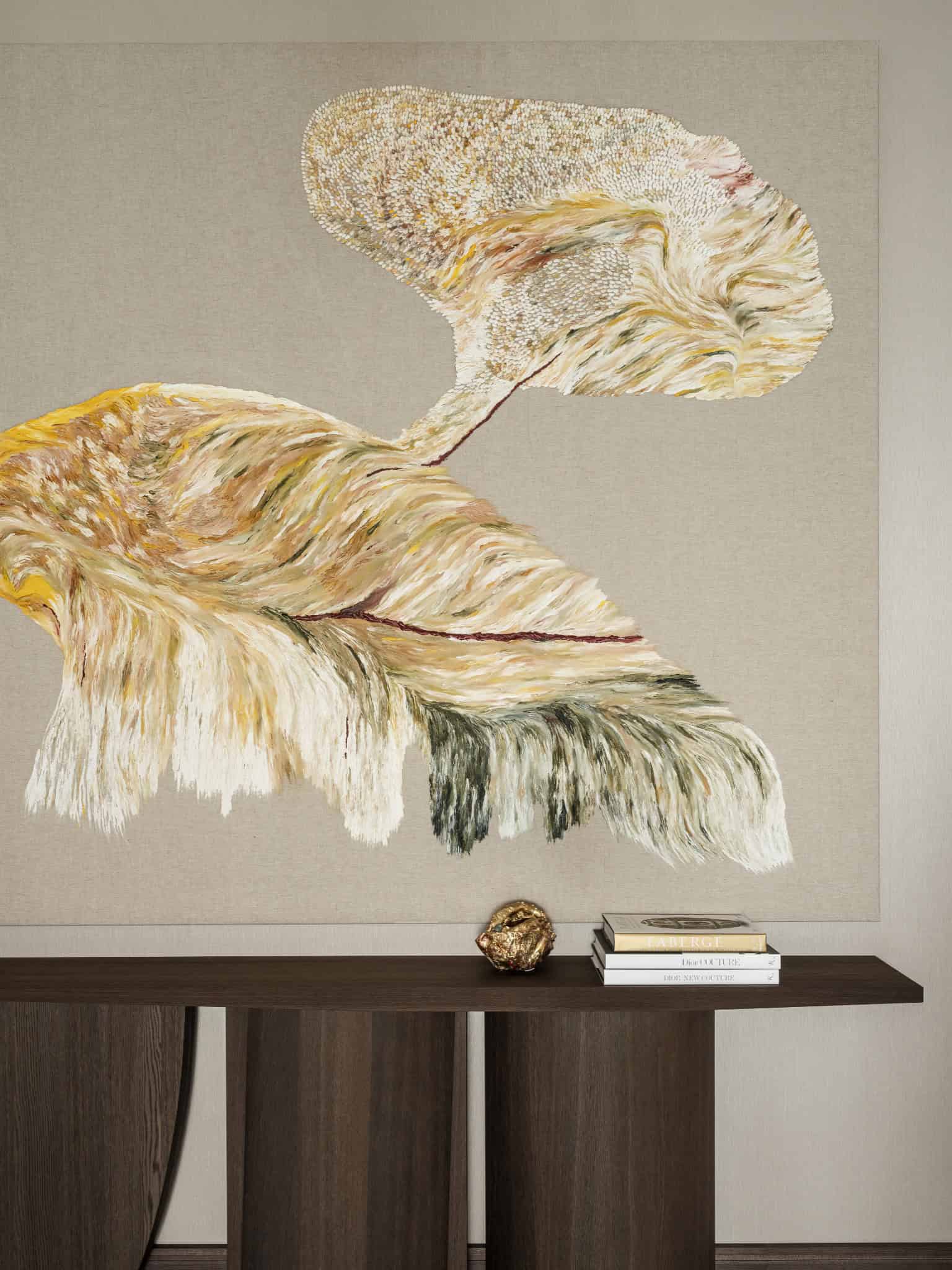 Large Textured Art Above Wooden Console Neutral-toned modern artwork displayed above minimalist wooden console.