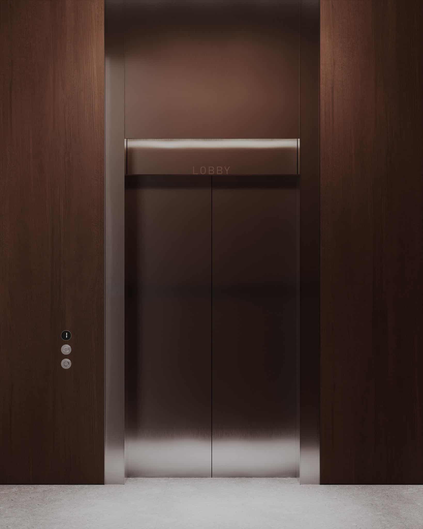 Lobby Elevator with Metallic Door Finish Close-up of metallic elevator doors in a modern lobby with wood wall panels.