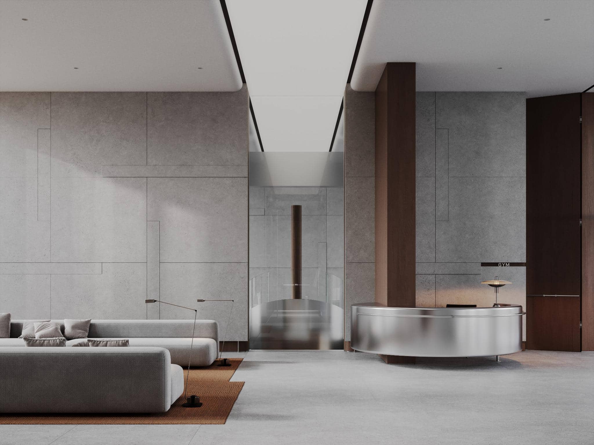 Lobby View with Curved Reception Desk Modern lobby featuring a sleek curved reception desk and symmetrical lounge area.