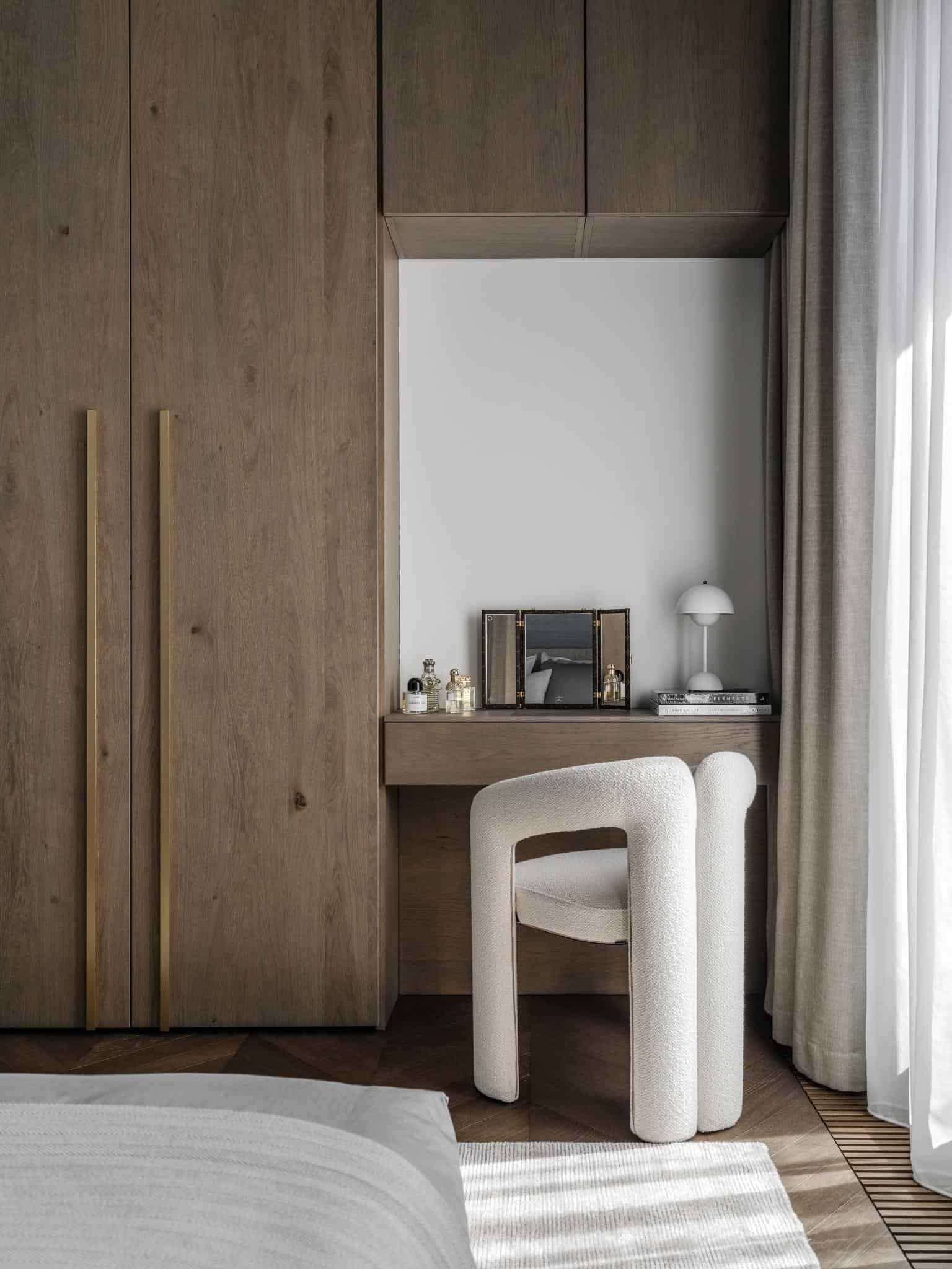 Makeup Nook With Textured White Chair Makeup nook with textured white chair.