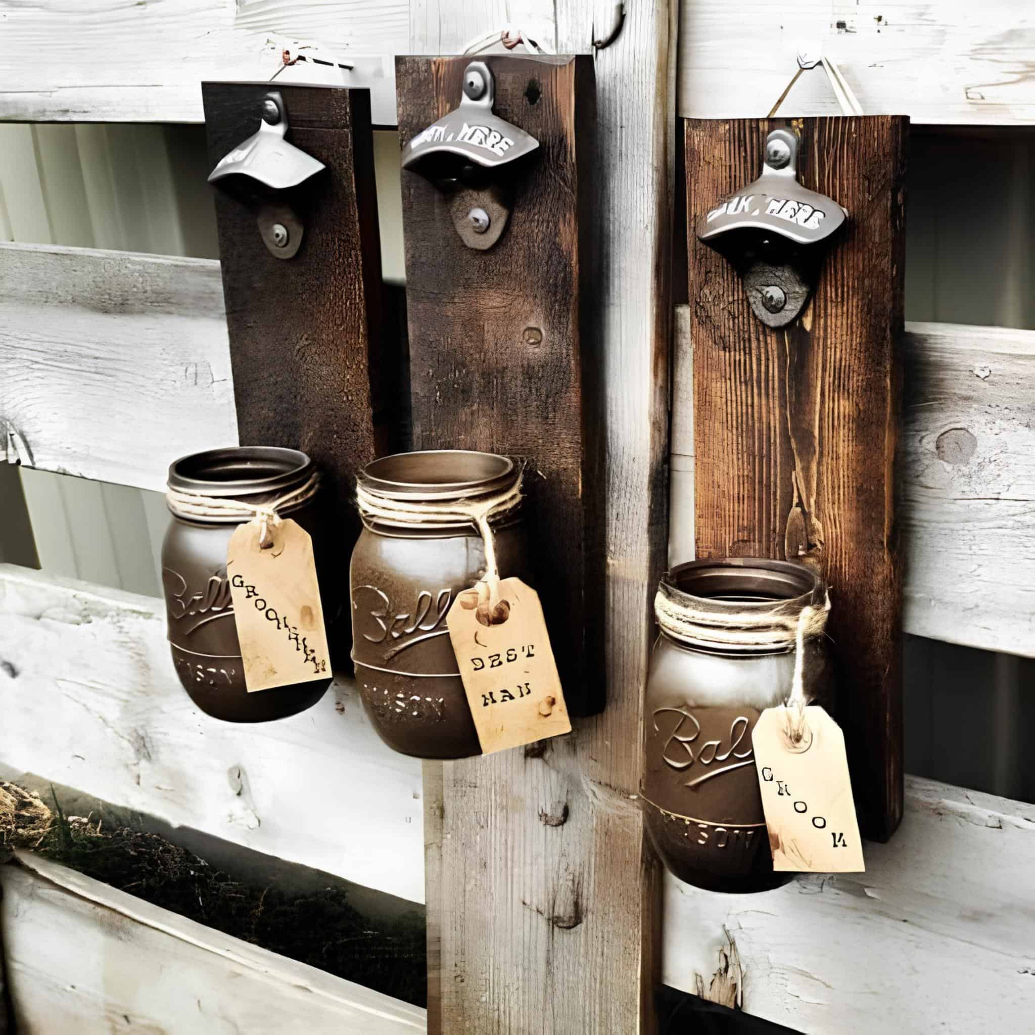 Bottle openers mounted on rustic wood with mason jars for caps