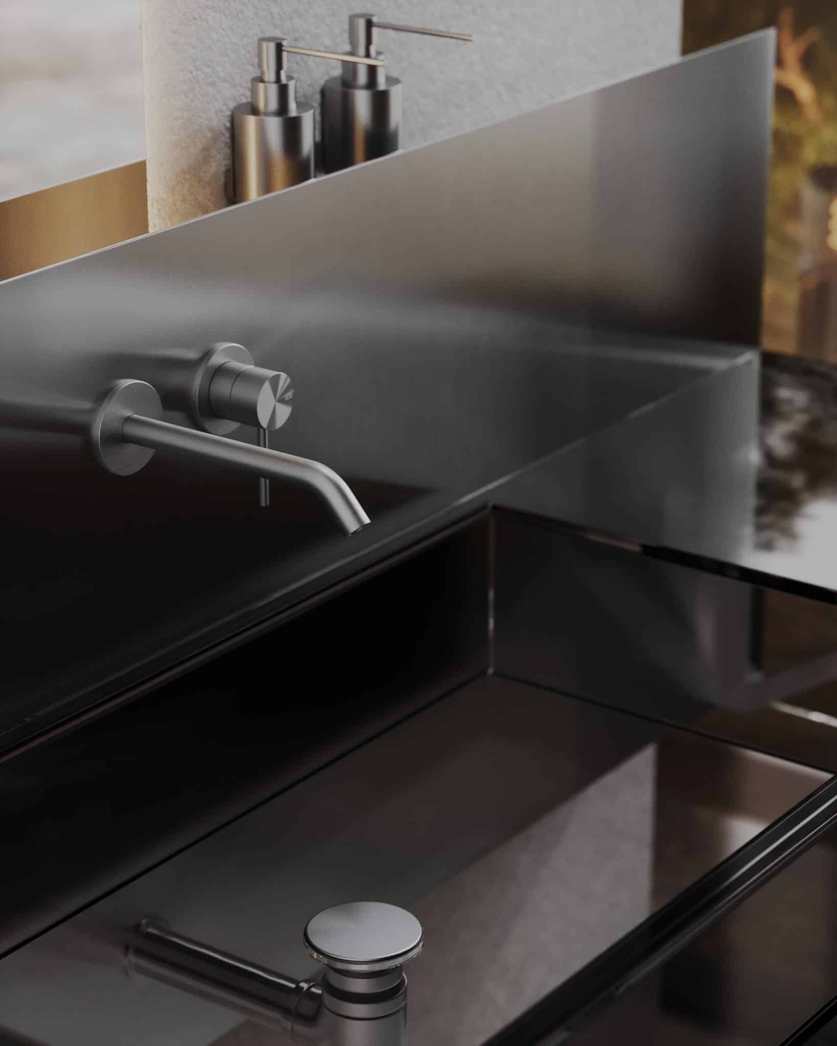 Minimalist Sink and Wall Mount Tap Closeup Close-up of a modern steel sink with wall-mounted faucet and dispensers.