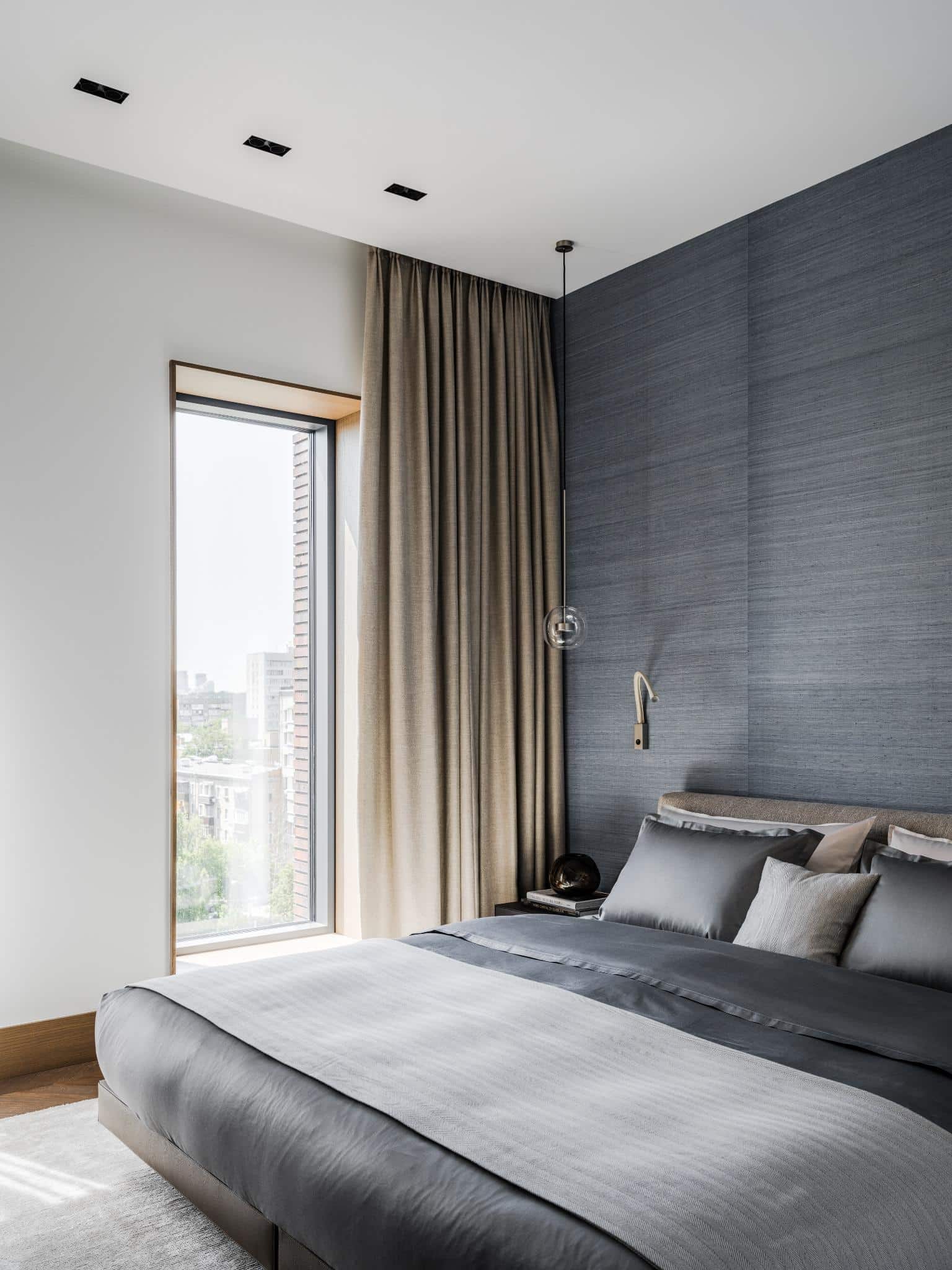 Modern Bedroom With Gray Textile Wall Modern bedroom with gray textile wall.