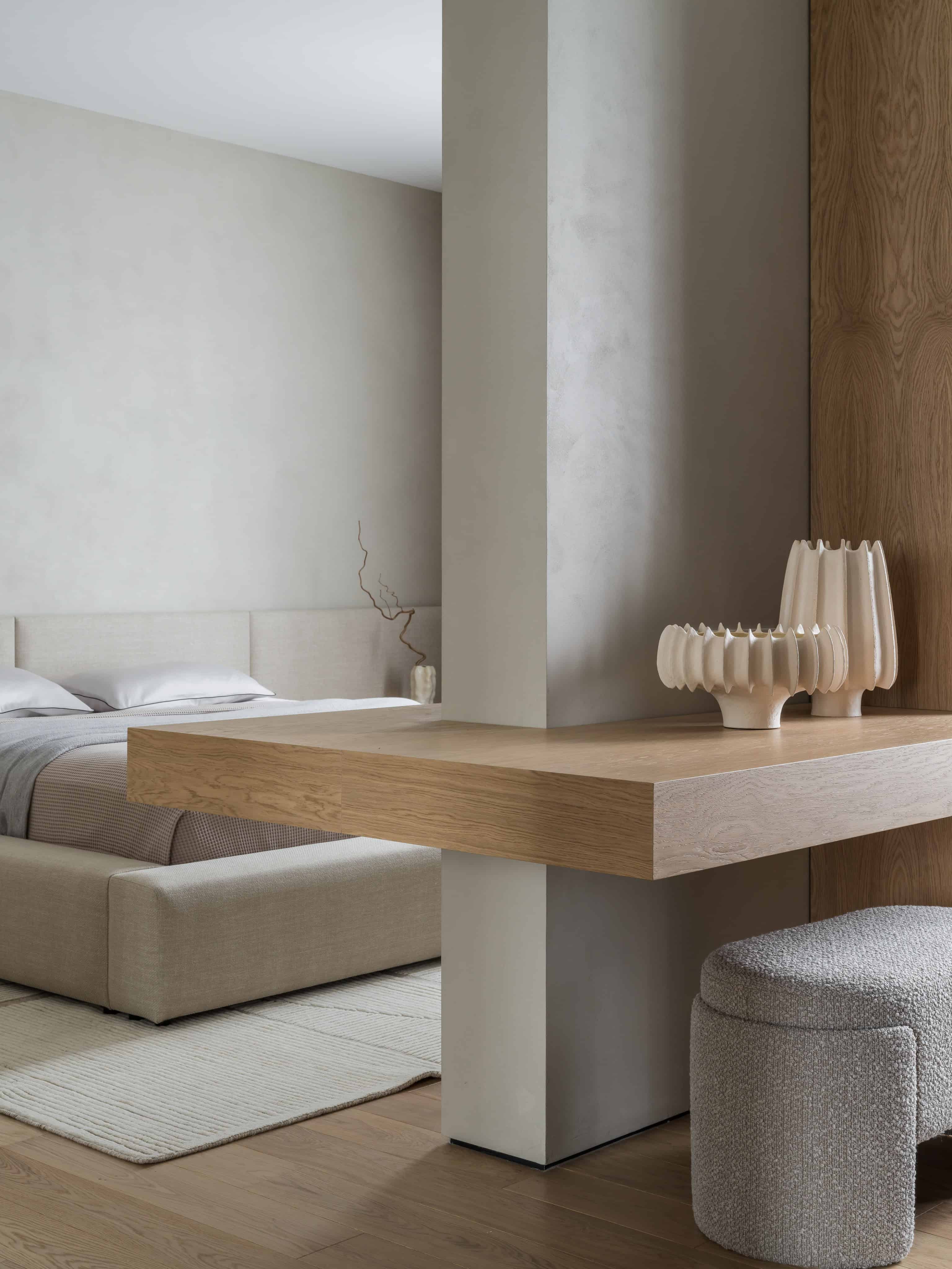 Modern Bedroom with Neutral Palette Elegant modern bedroom with a calming neutral palette and natural wood accents.