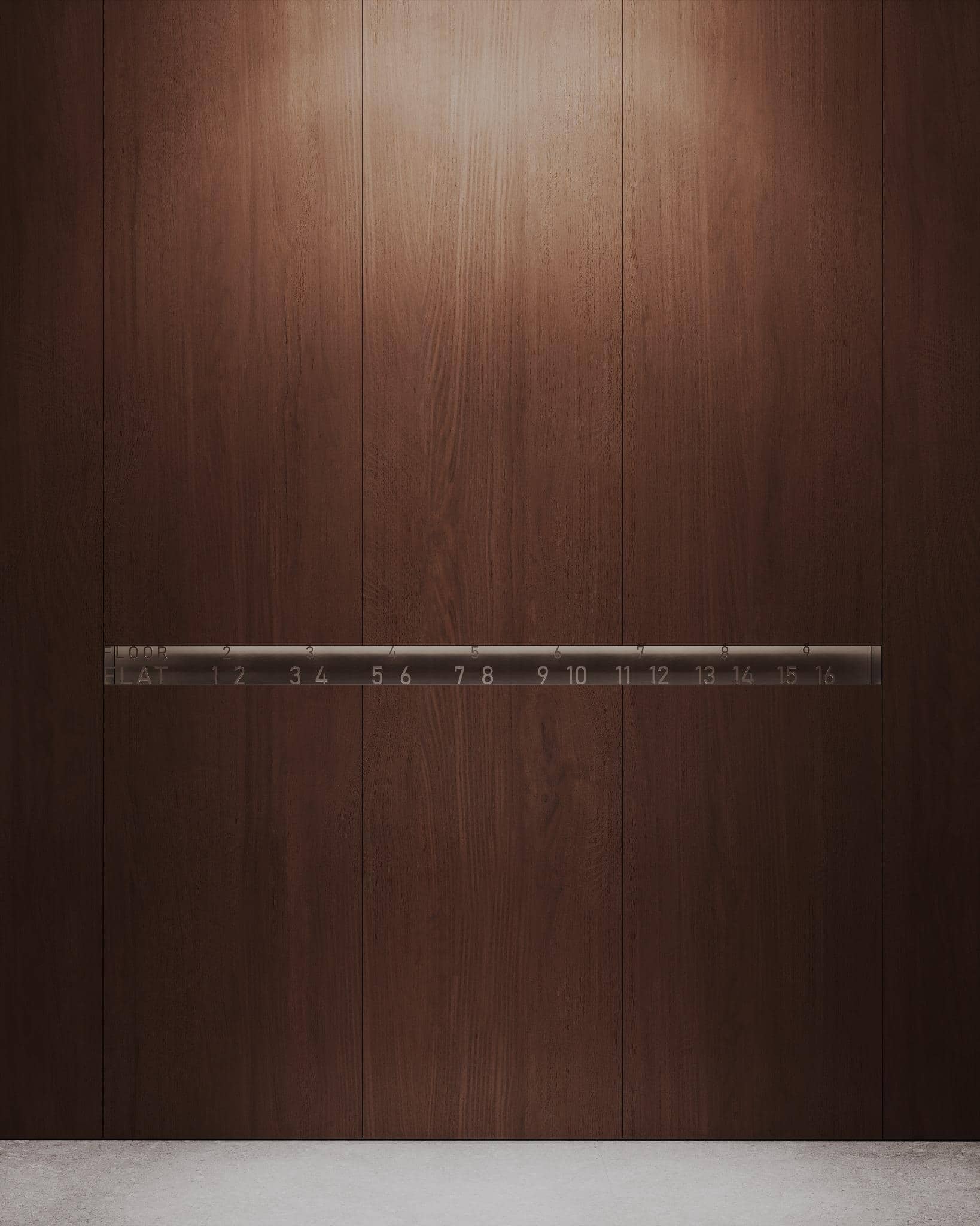 Modern Floor Indicator on Wooden Wall Sleek modern floor level indicator embedded into dark wooden wall panel.