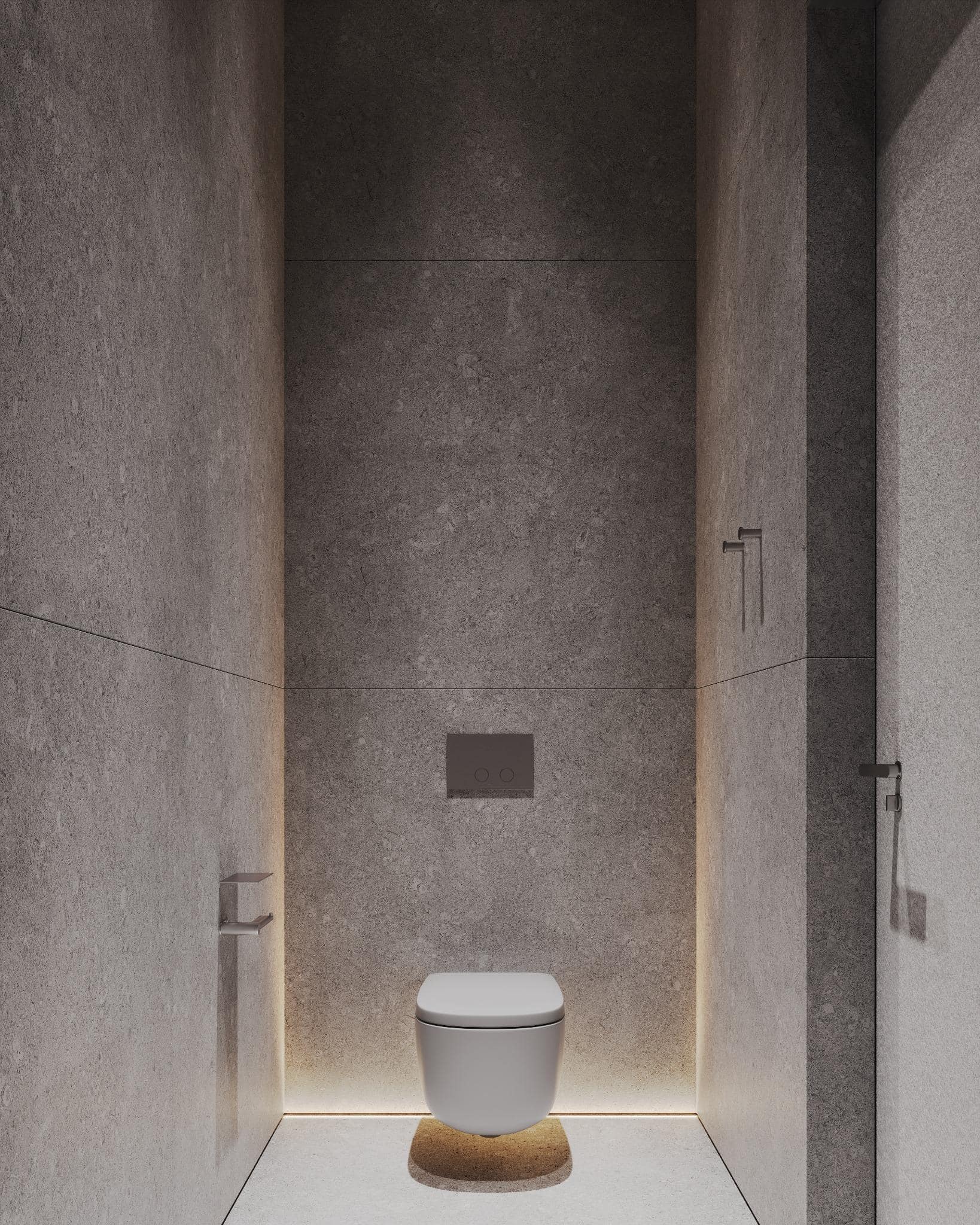 Modern Grey Bathroom with Floating Toilet Grey-toned minimalist bathroom with floating toilet and hidden ambient lighting.