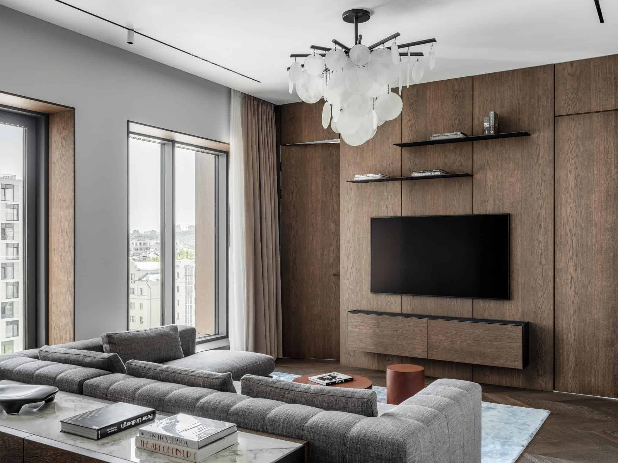 Modern Living Room With Tv And Wooden Wall Modern living room with TV and wooden wall.