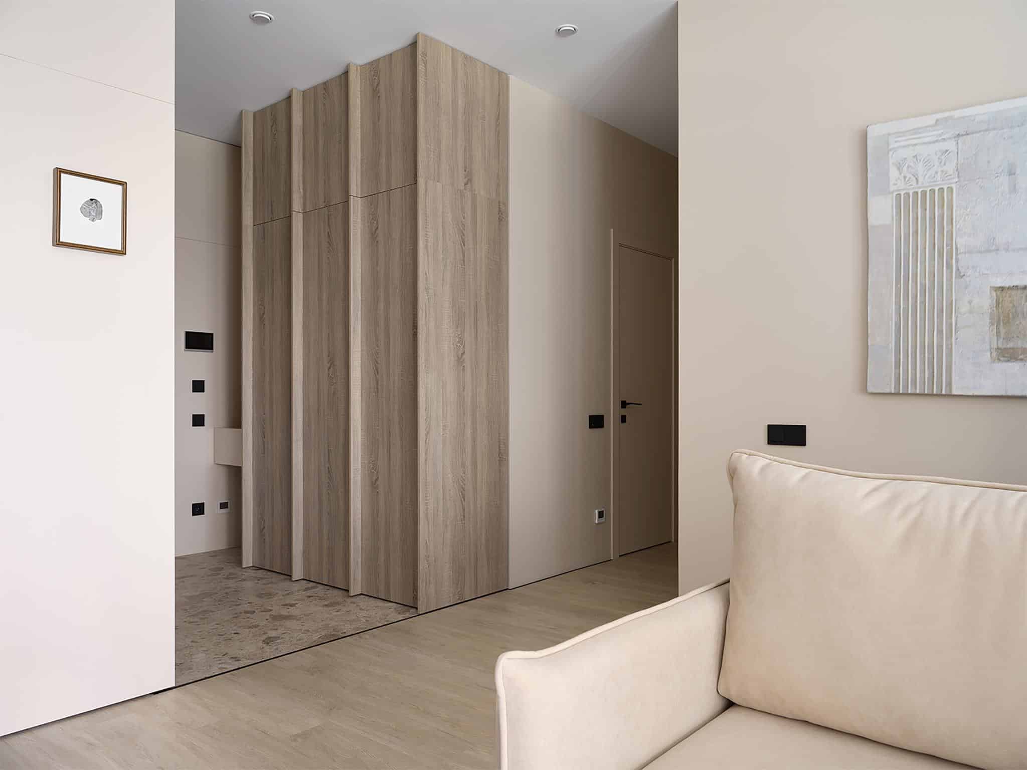 Modern Wooden Panel Wardrobe in Entry Hall Entry hallway with modern wooden panel wardrobe and minimal interior details.