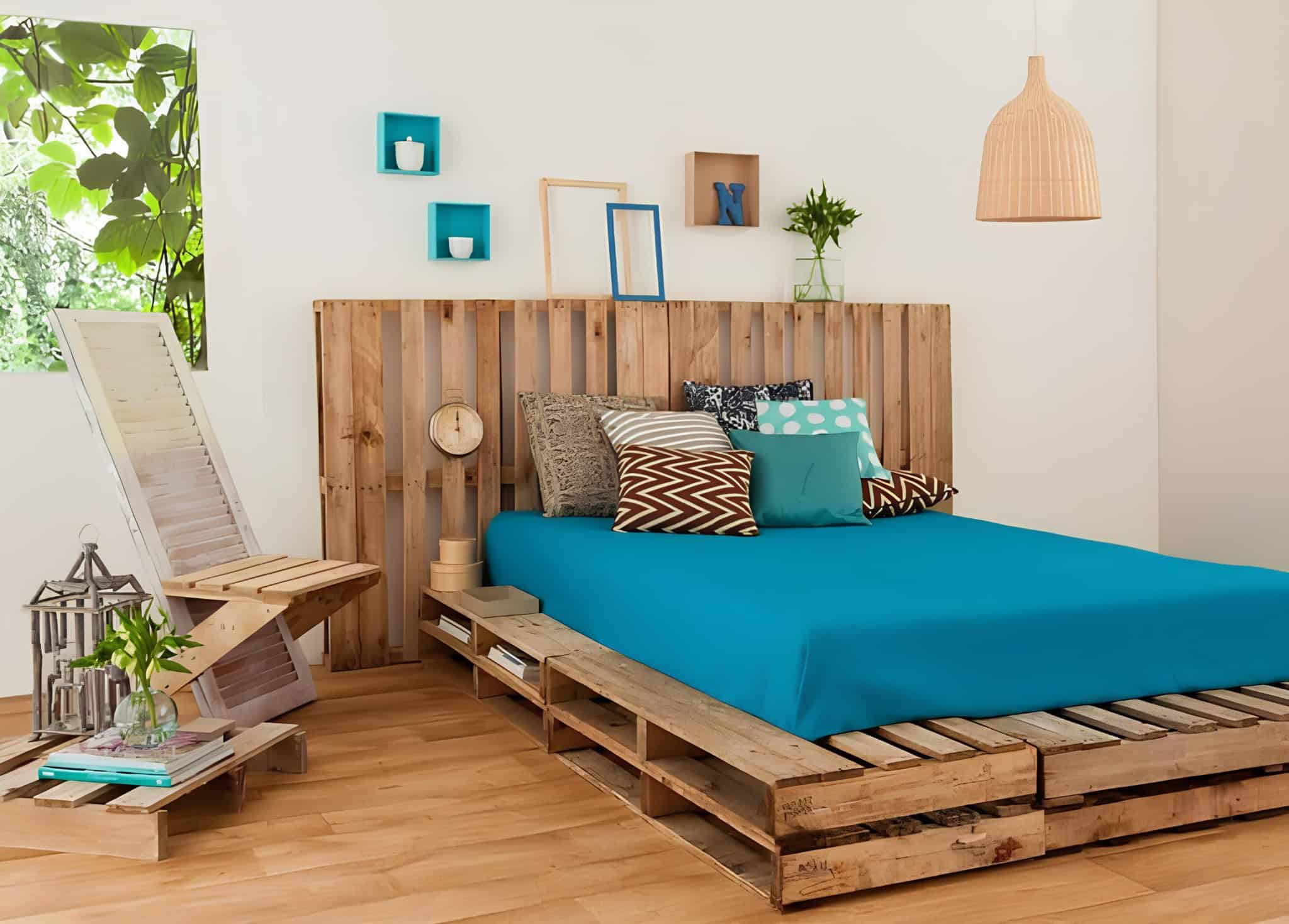 Eco-friendly wooden pallet bed with colorful pillows and cozy design.