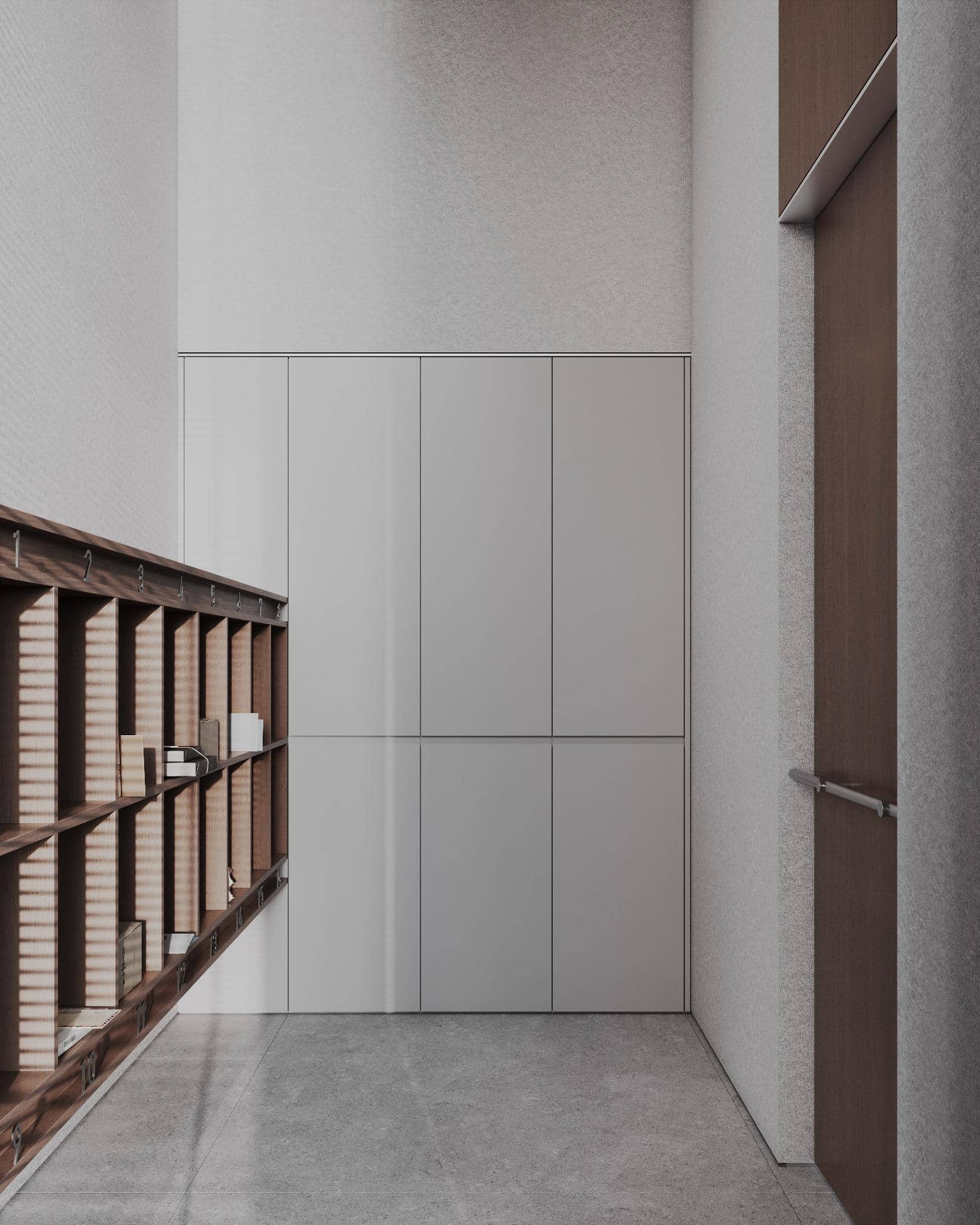 Numbered Mail Storage Units with Books Side view of cubby mail system with books and packages, aligned with gray cabinetry.