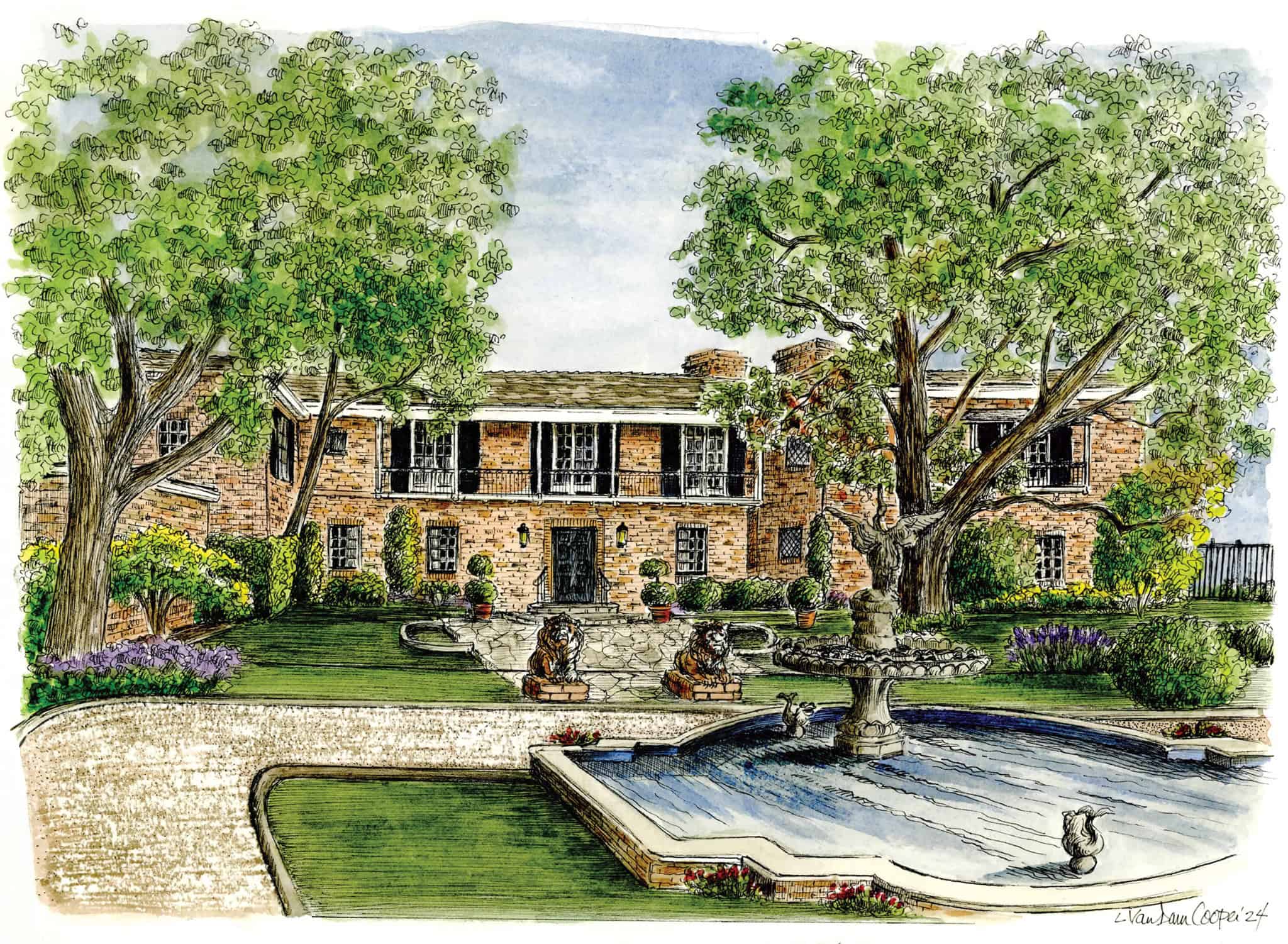 Pasadena Showcase Watercolor Illustration Watercolor rendering of the Pasadena Showcase House featuring the fountain and front landscape.