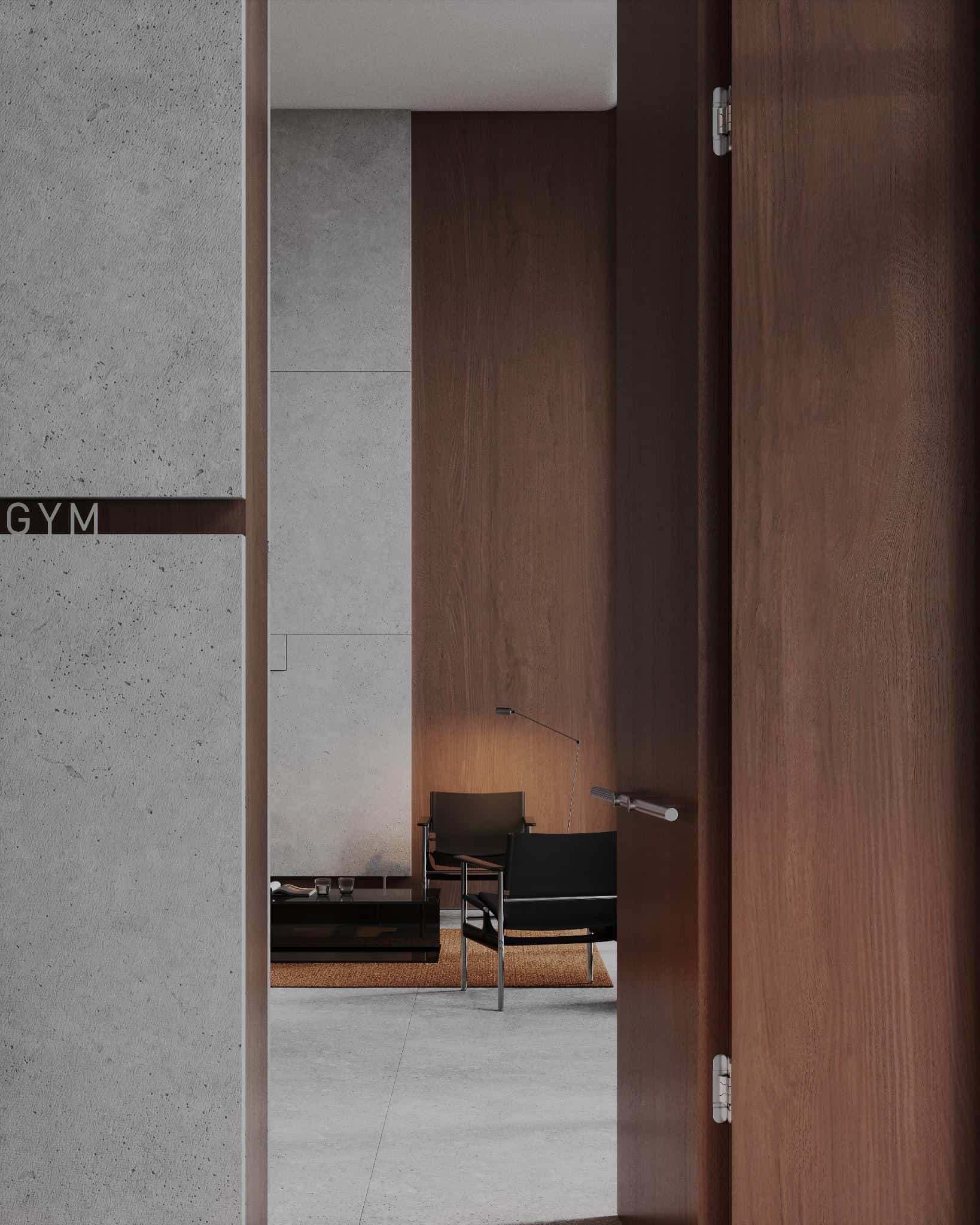 Peek into Lounge from Wood Panel Corridor View into a modern lounge through a wood-lined corridor, with minimalist chairs and black lamps.