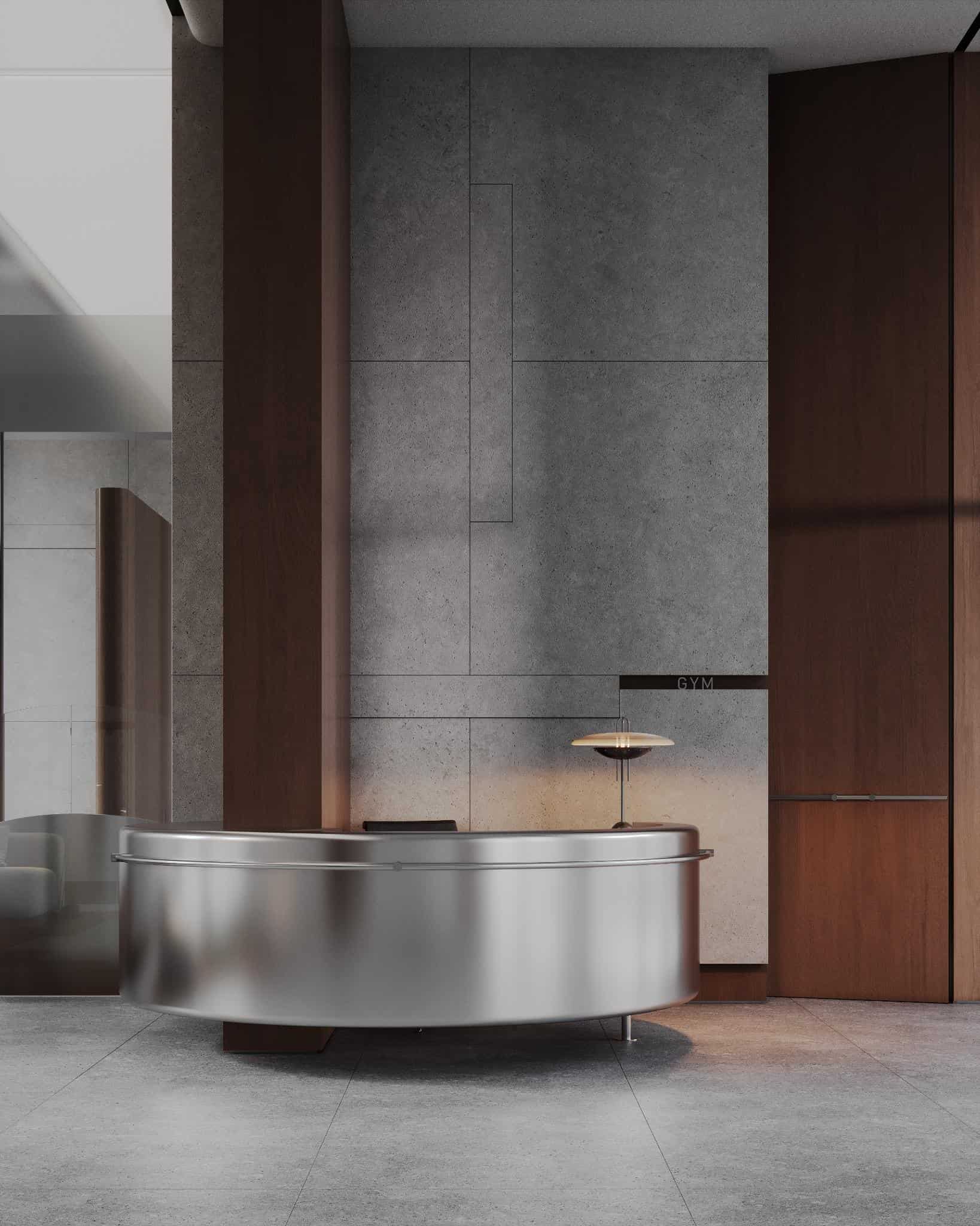 Reception Area with Metal Desk and Wood Paneling Modern reception zone featuring a metallic desk and warm wood-paneled walls.