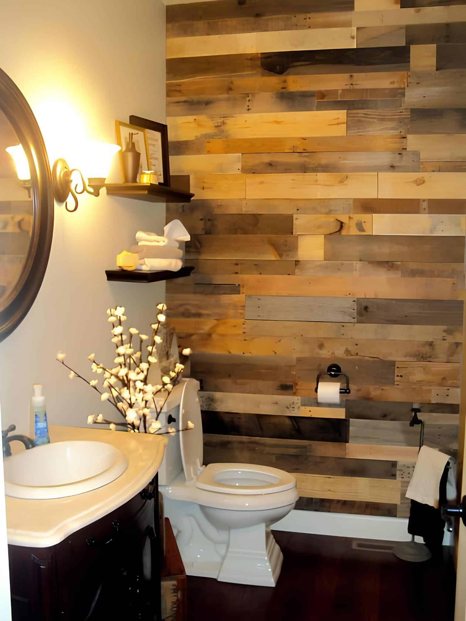 Bathroom with a feature wall made from mixed-tone reclaimed wood
