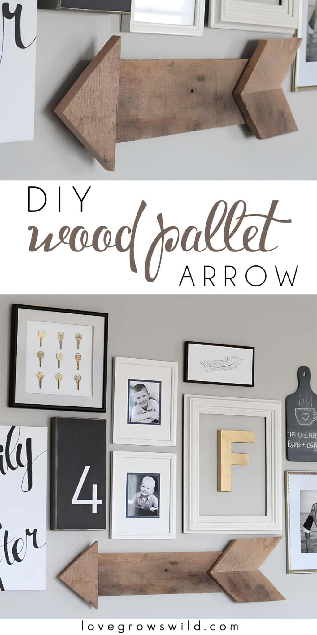DIY wooden arrow sign made from pallet wood, displayed on a wall among family photos.