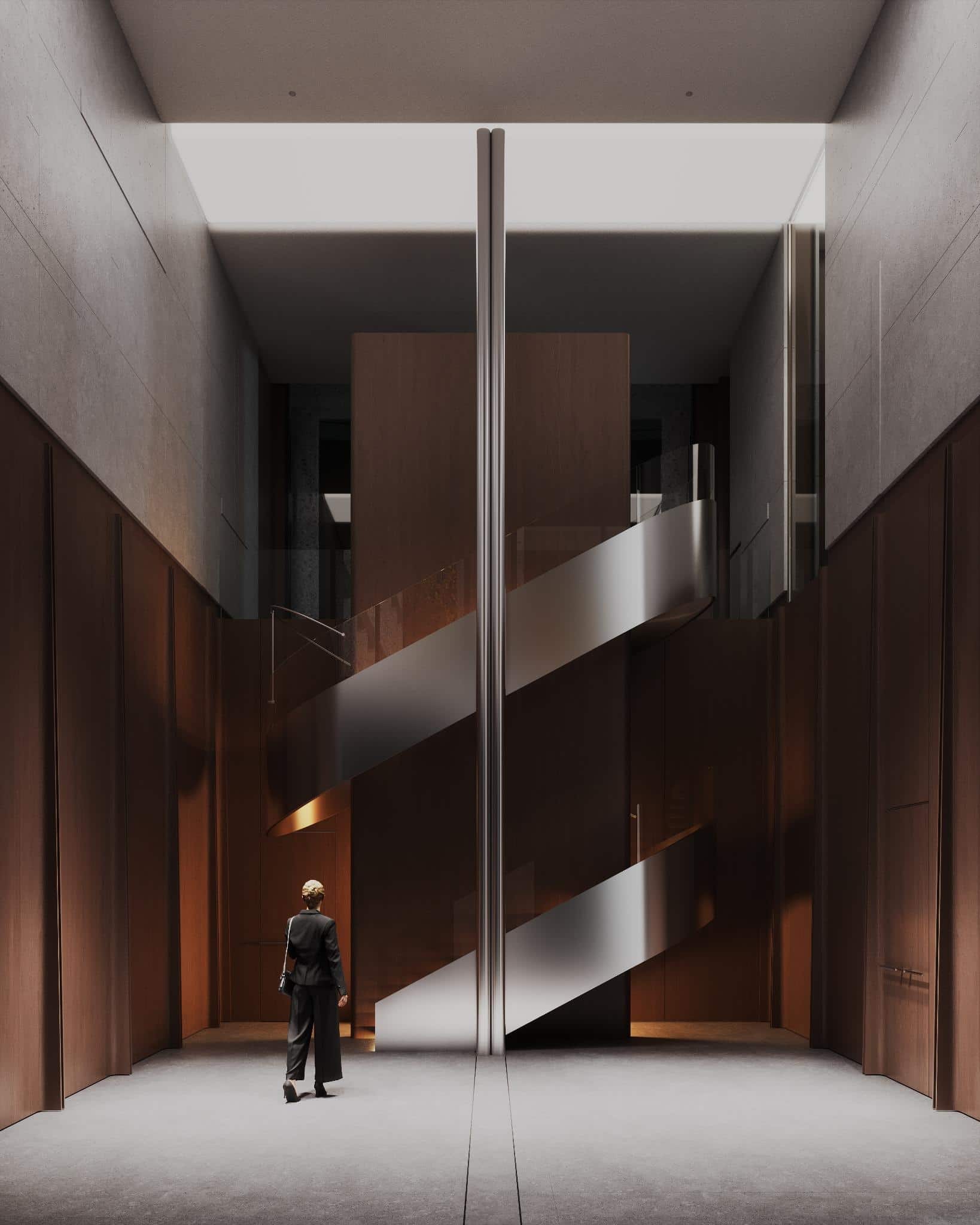 Sculptural Staircase in Wood and Glass Atrium Sculptural metallic staircase set in a grand wood-paneled atrium with ambient light.