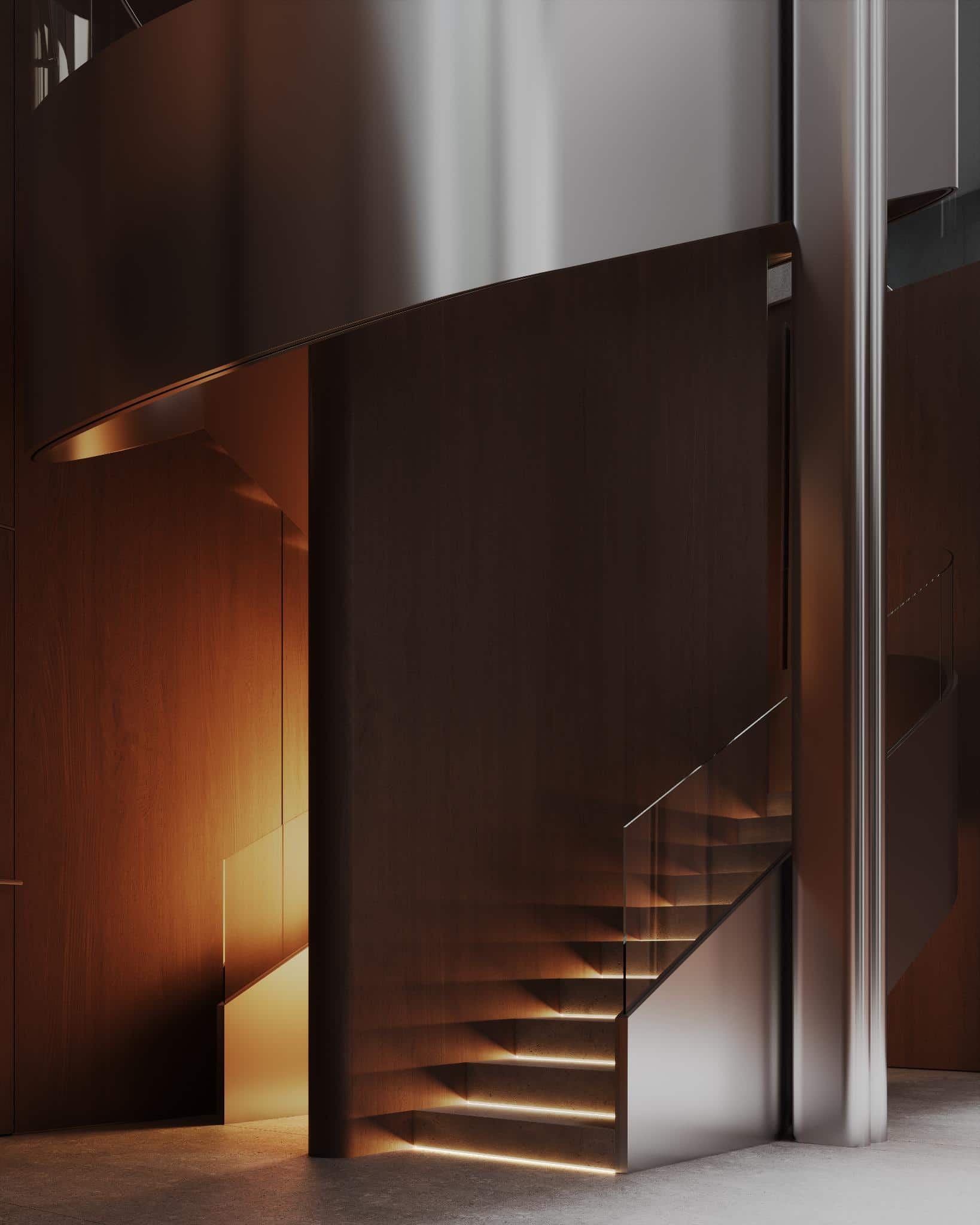 Staircase Close-Up with Warm Ambient Light Close-up of staircase with wood treads and built-in lighting, wrapped by metallic railing.