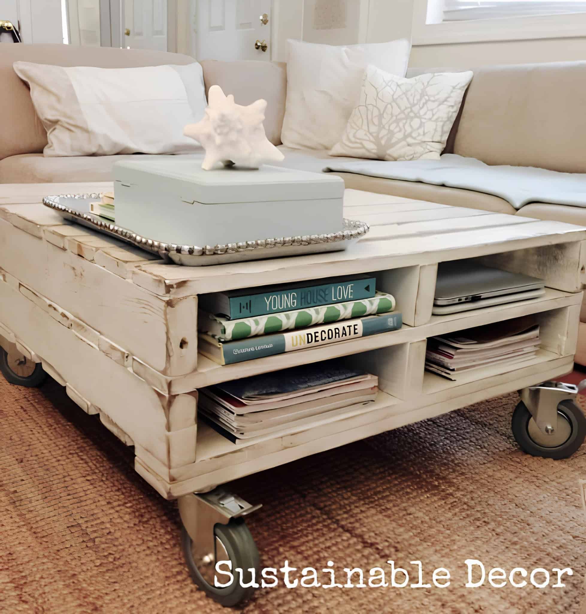 Rustic coffee table with storage, crafted from recycled pallets.