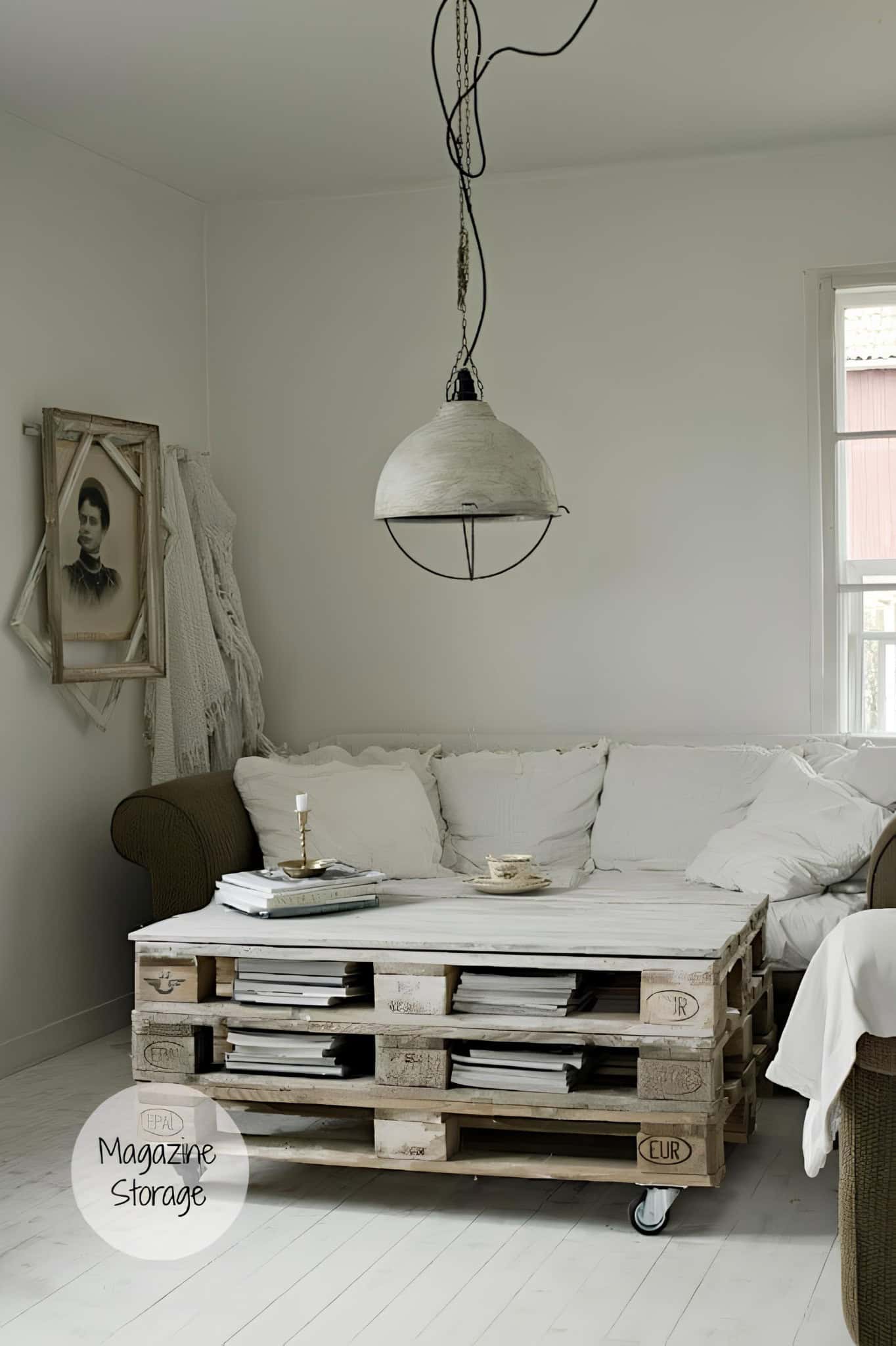 Vintage-style pallet table with open storage for magazines.