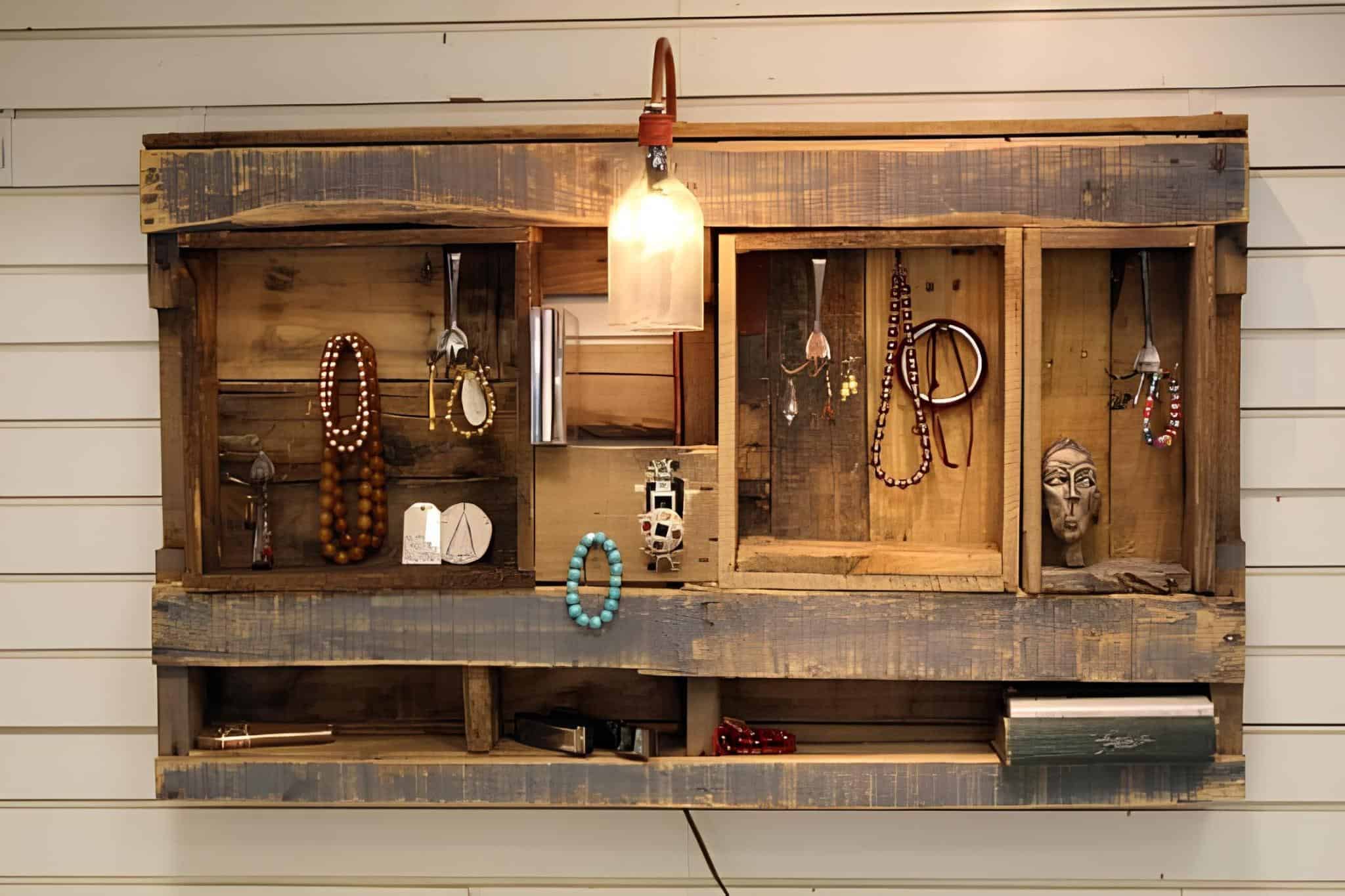 Rustic jewelry organizer with crates, hooks, and a built-in light