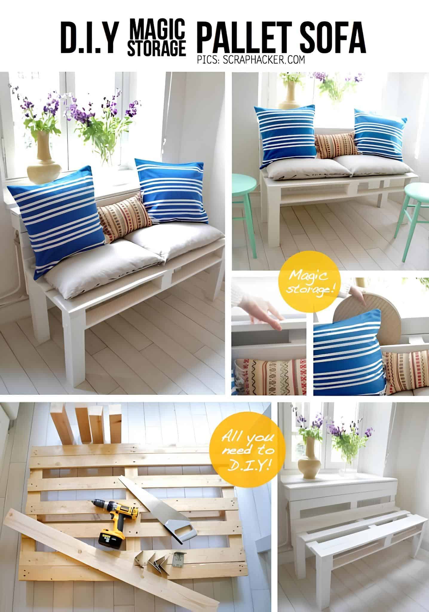 White bench-style sofa made from pallets with storage space underneath