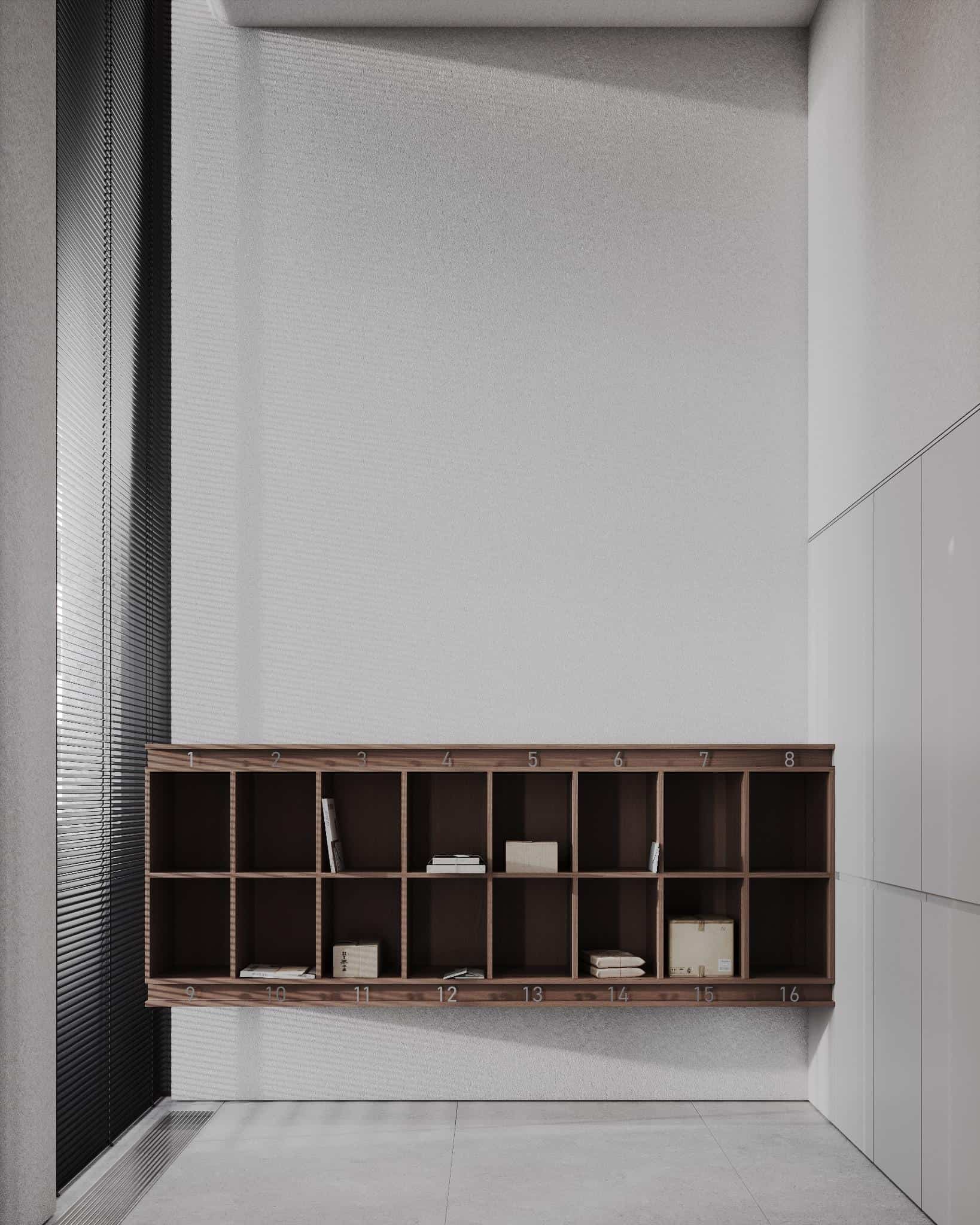 Wood Cubby Mail System in Bright Corner Wooden mail cubbies numbered 1-16 in a bright, minimal lobby corner.