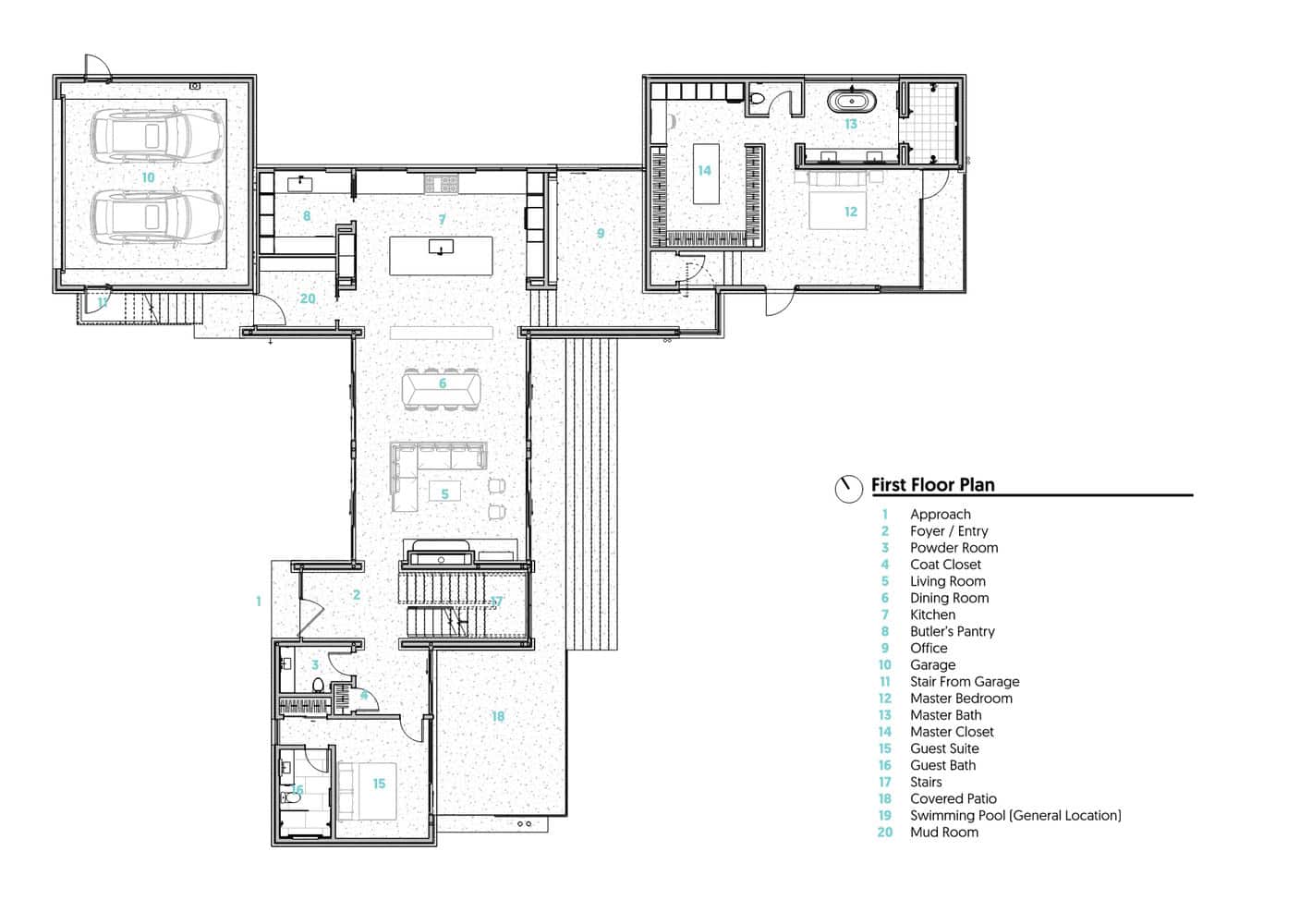 Casa Solis First Floor Plan Architectural drawing of Casa Solis first floor layout including living room, kitchen, and master suite.