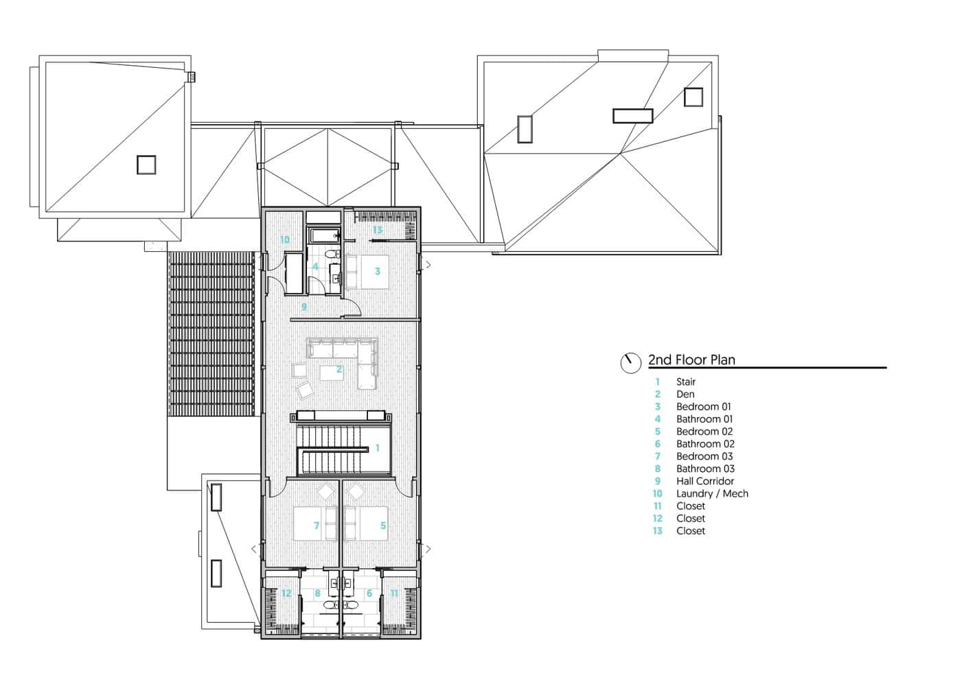 Casa Solis Second Floor Plan Architectural drawing of Casa Solis second floor layout including bedrooms, bathrooms, and den.