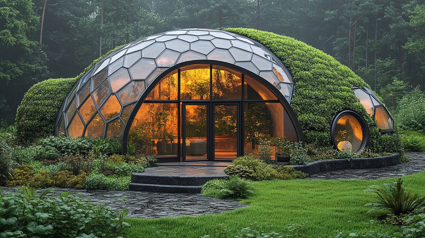 Green Geodesic Dome House Covered in Vegetation in Forest Green geodesic dome house with glass panels and living roof surrounded by forest