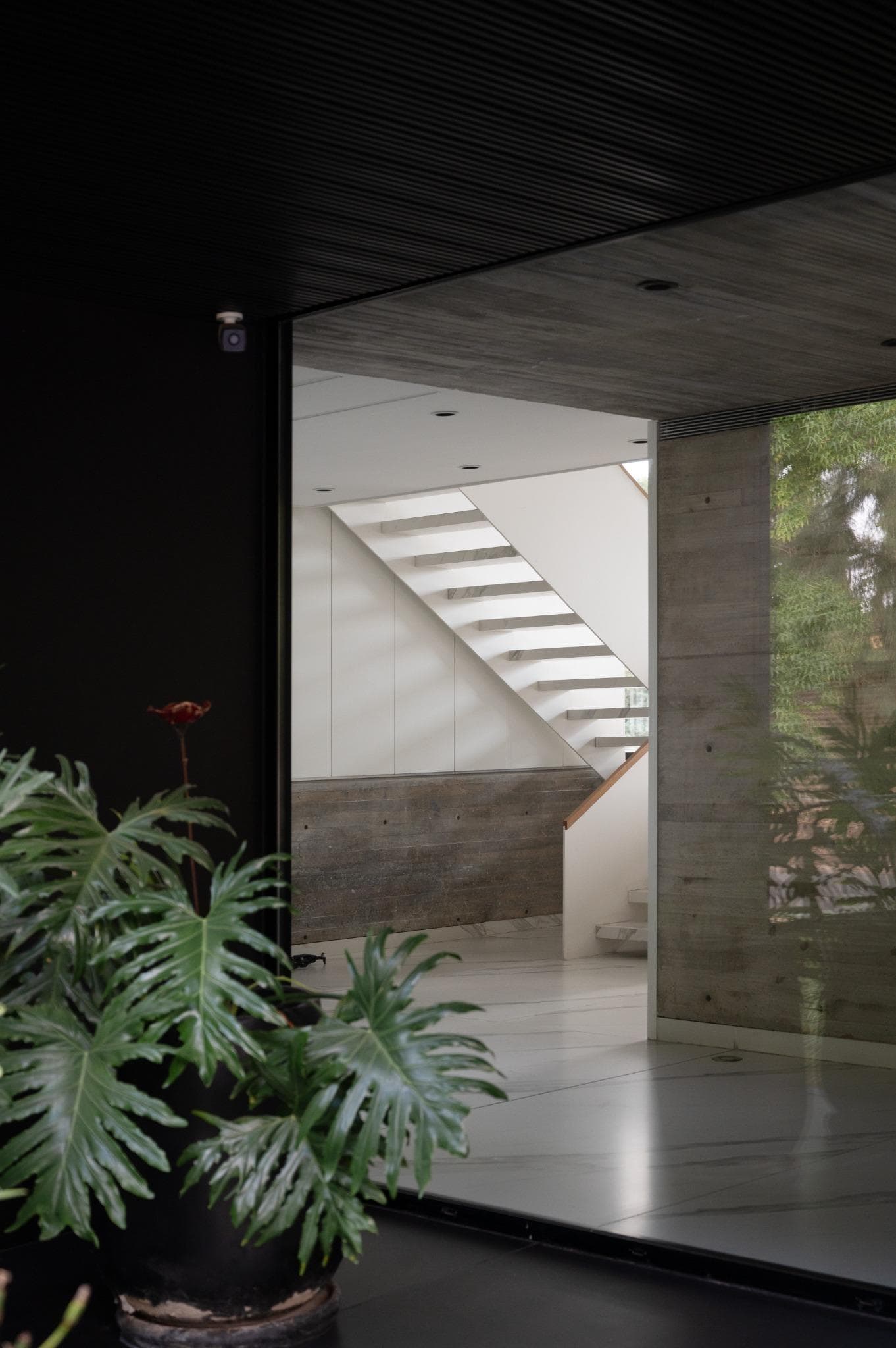 Pacheco House Interior Glimpse Modern Staircase Interior glimpse of Pacheco House showing floating staircase and sculptural concrete backdrop.