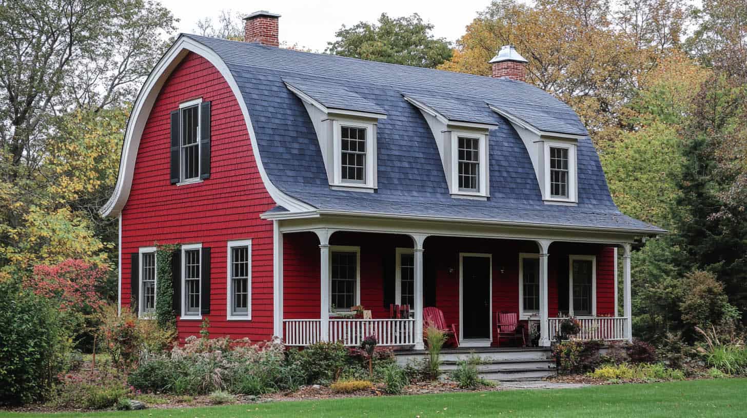 Red Gambrel Roof Cottage with White Trim and Porch Red cottage with gambrel roof, white trim, and covered front porch