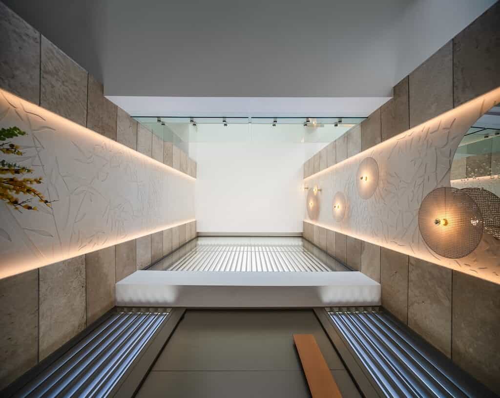 Villa Kaizen Backlit Wall Art Detail Decorative backlit wall with artistic textures and lighting at Villa Kaizen.