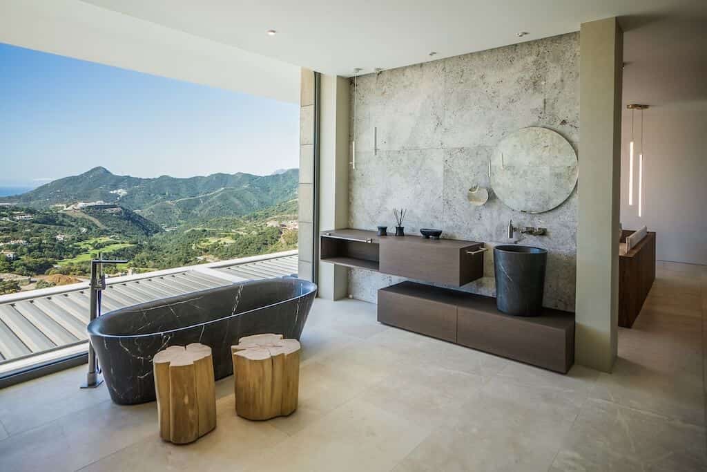 Villa Kaizen Bathroom Mountain View Luxury bathroom with mountain view and freestanding tub in Villa Kaizen.