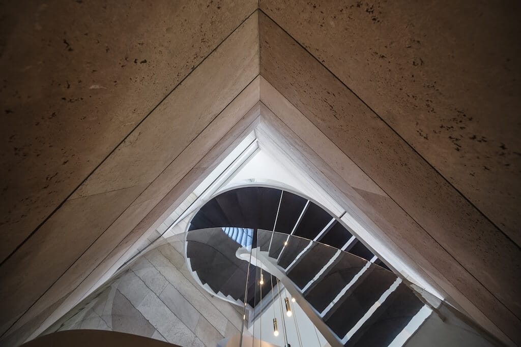 Villa Kaizen Spiral Staircase Geometry Geometric perspective of Villa Kaizen’s sculptural spiral staircase from below.