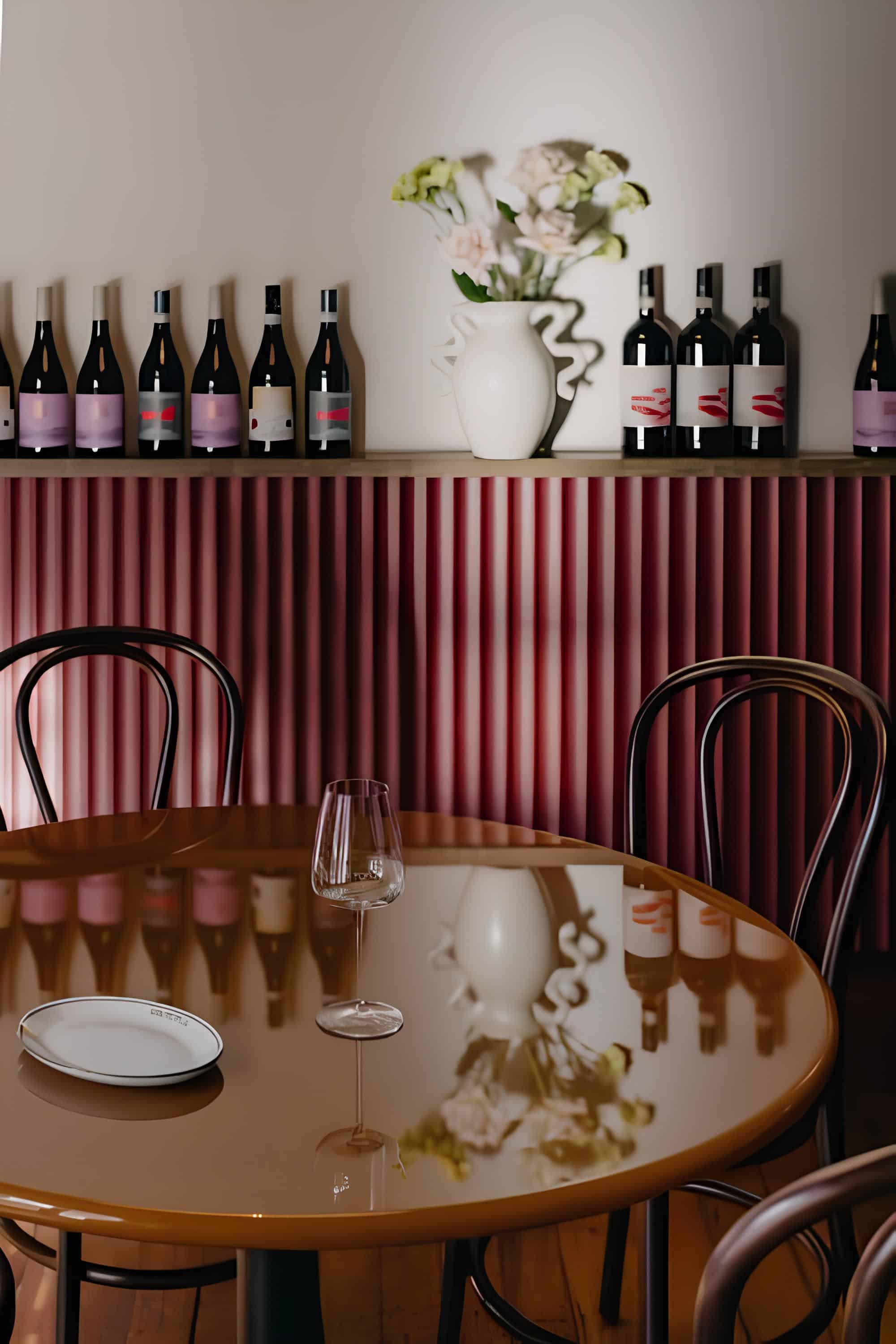 Polished round table reflecting floral centerpiece with wine backdrop