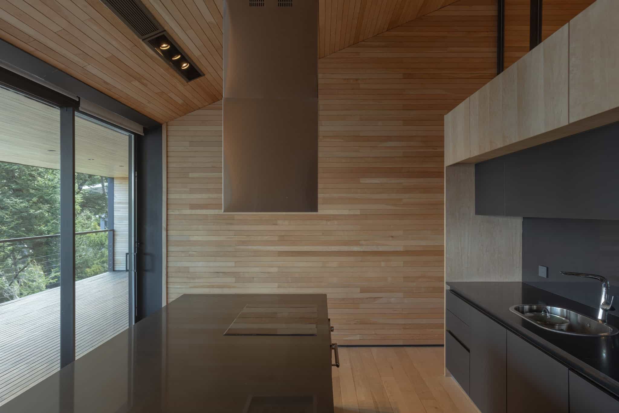 Minimalist black kitchen with stainless hood and timber cladding in VLA House.