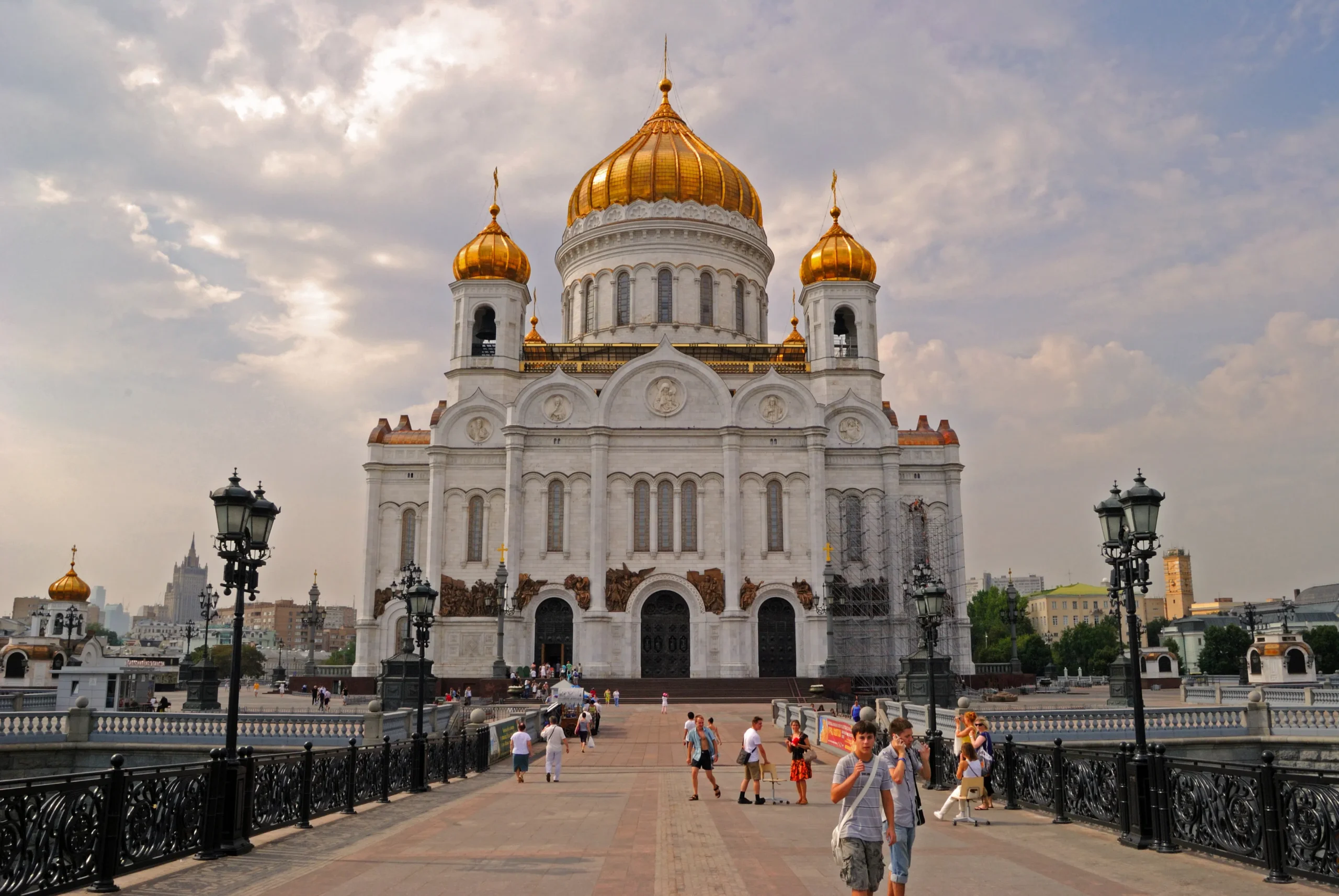 The Cathedral of Christ the Saviour in Moscow with golden domes and white marble façade