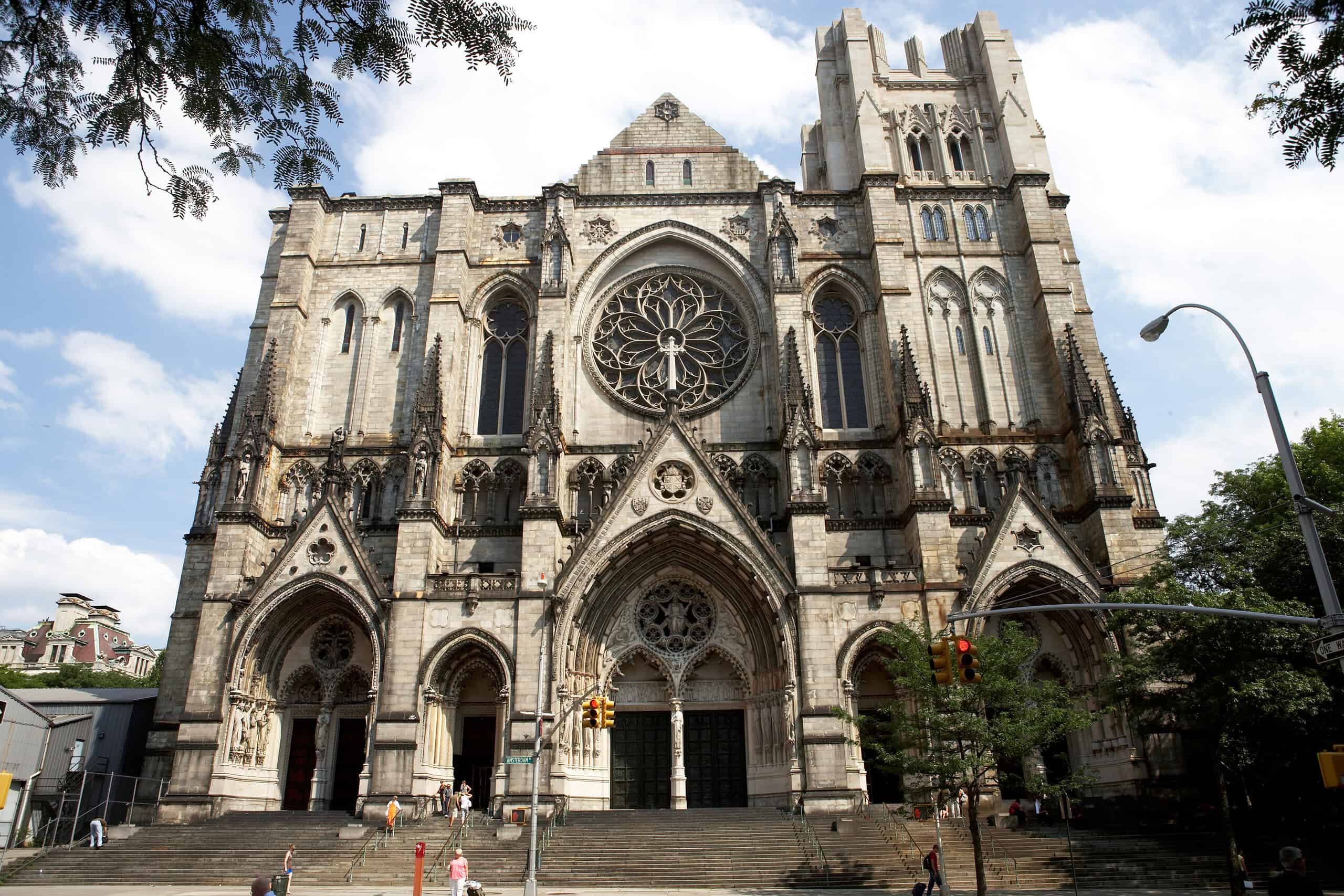 The Cathedral of Saint John the Divine in New York City, gothic façade with towering structure and rose window